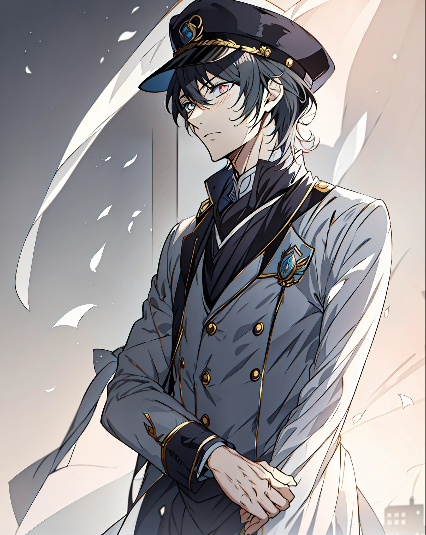 Anime characters standing in front of the city in uniform, Delicate male, Handsome anime pose, Anime handsome man, inspired by Okumura Togyu, he is wearing a top hat, inspired by Yamagata Hiro, Tall anime man with golden eyes