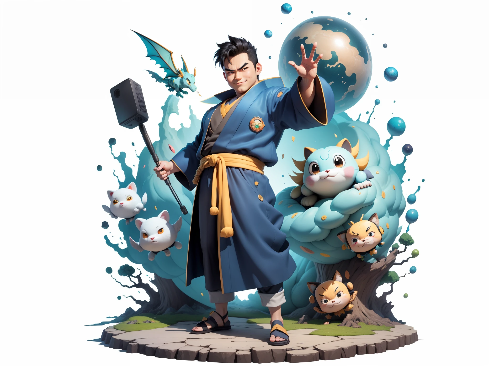 (Masterpiece), (Excellent), (Super Meticulous), (Full Body: 1.2), Super Young Man, Oriental Face, Japanese Kimono, Japanese Wind Thunder God, Dragon, Tiger, TV Anchor, Bust Portrait Illustration, Alone, Black Suit, Blue Tie, Slightly Chubby Face, Very Clean Face, No Beard, Black Super Short Hair, Black Eyes, Confident Smile, 3c Computer Sub-Products, iPad, iPhone, Digital Painting, 3D Character Design by Akira Toriyama and Mark Claireden and Pixar and Hayao Miyazaki, The illustration is a high-definition illustration in 4K resolution with very detailed facial features and cartoon-style visuals.