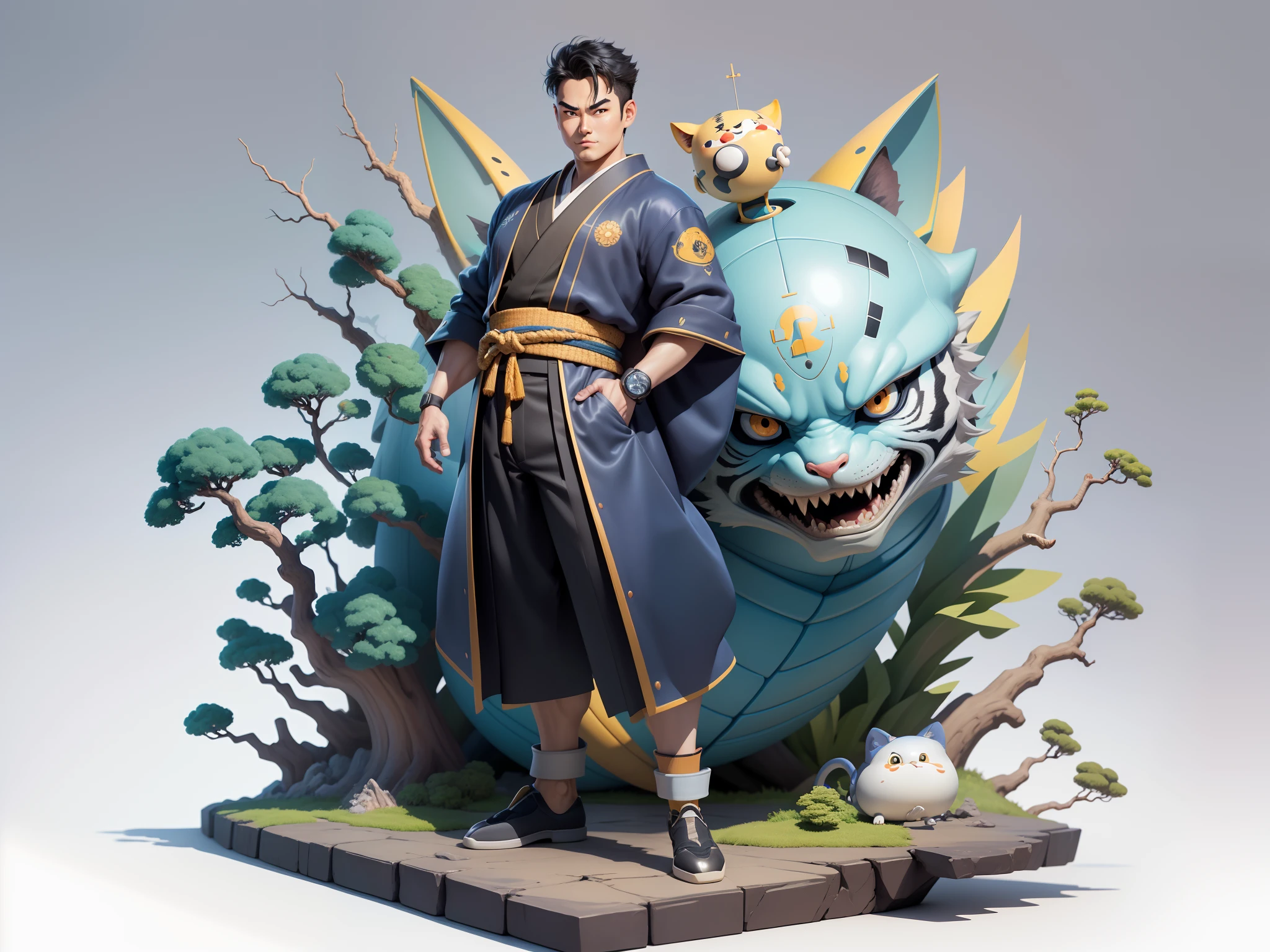 (Masterpiece), (Excellent), (Super Meticulous), (Full Body: 1.2), Super Young Man, Oriental Face, Japanese Kimono, Japanese Wind Thunder God, Dragon, Tiger, TV Anchor, Bust Portrait Illustration, Alone, Black Suit, Blue Tie, Slightly Chubby Face, Very Clean Face, No Beard, Black Super Short Hair, Black Eyes, Confident Smile, 3c Computer Sub-Products, iPad, iPhone, Digital Painting, 3D Character Design by Akira Toriyama and Mark Claireden and Pixar and Hayao Miyazaki, The illustration is a high-definition illustration in 4K resolution with very detailed facial features and cartoon-style visuals.
