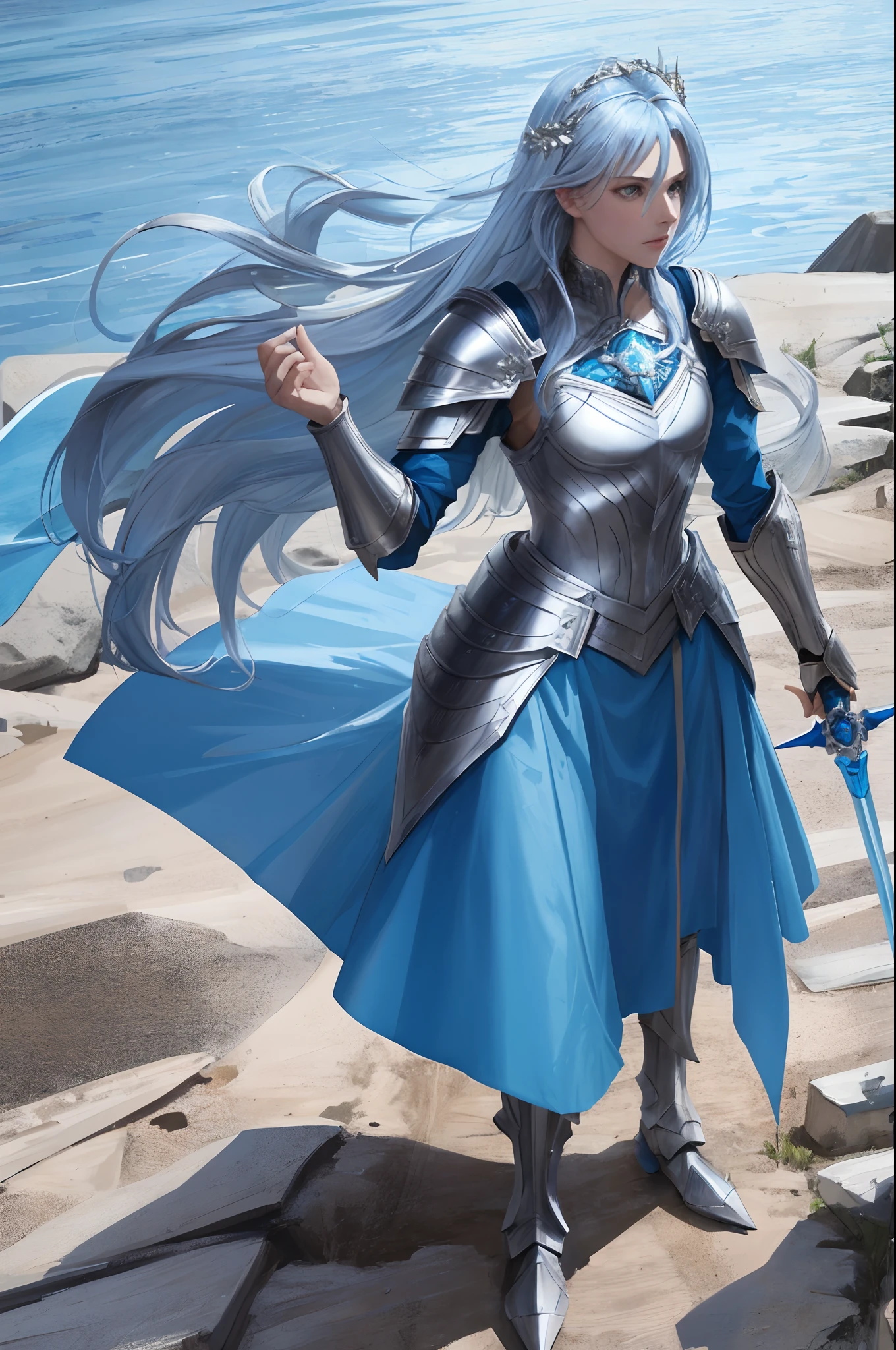 Long bright blue hair,femele,Silver spear in hand,Small blue shield,Water properties,Wear light armor,Bright blue dress,Armored boots,Combat posture,Above the ocean,Sharp eyes,Star hair ornaments,Bare legged