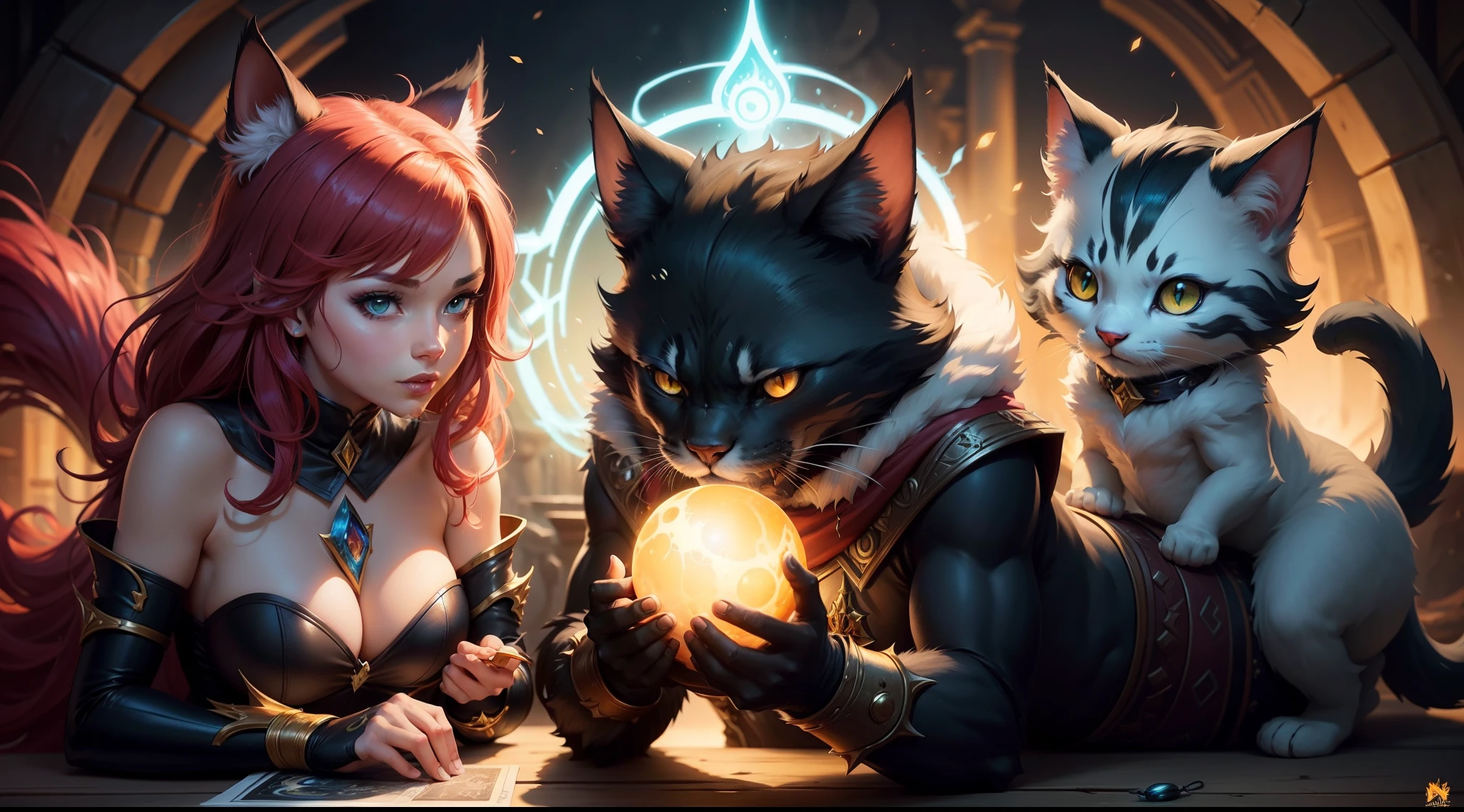 Illustration of a cat with a glowing orb on its paws, furry fantasy art, full art illustration, Arte completo, fantasy card game art, magic the gathering art style, Estilo de arte arcano, pintado en el estilo arcano, dnd arte fantaso, Splash Art oficial, Mago Zorro Oscuro, anthropomorphic cat ninja, league of legends art style, Arte de salpicaduras de personajes