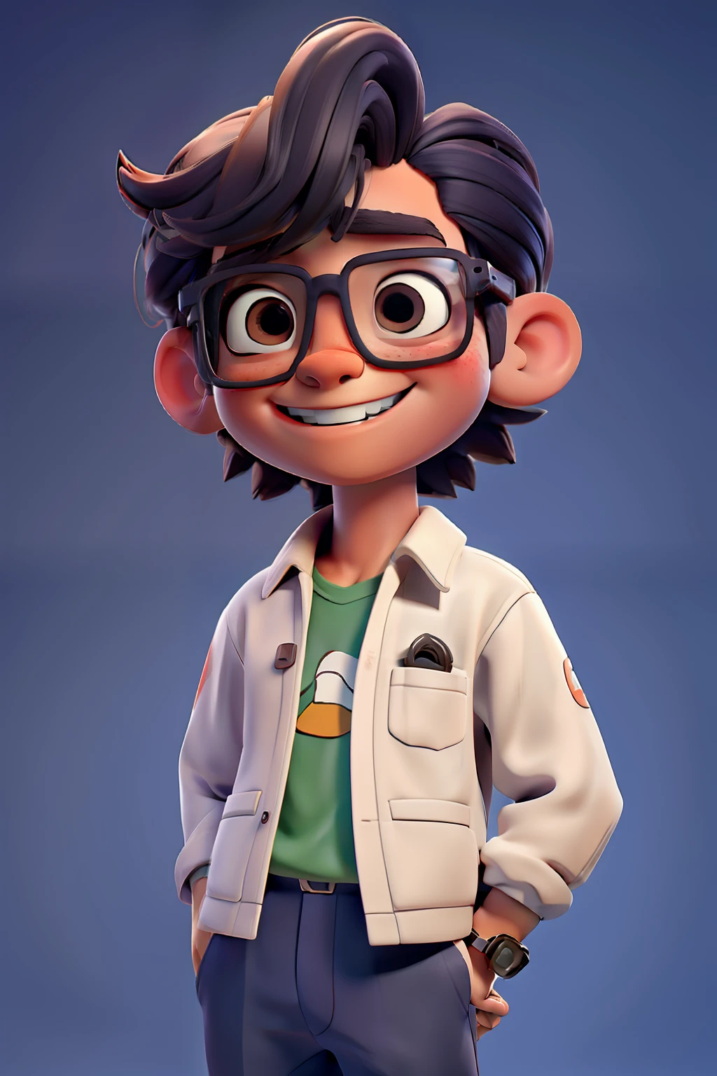Menino encantador, cabelos castanhos, jogado pro lado, sorriso meigo, segurando um oculos