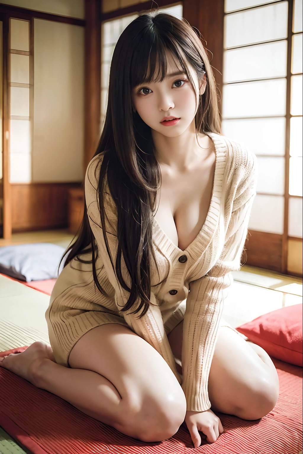 randome pose、top-quality、超A high resolution、(Photorealsitic:1.6)、女の子1人、Sweaters、(The long-haired:1.2)、(huge-breasted:1.2)、ryokan、looking at viewert、a closeup、full body Esbian、Nasty eyes、embarassed face