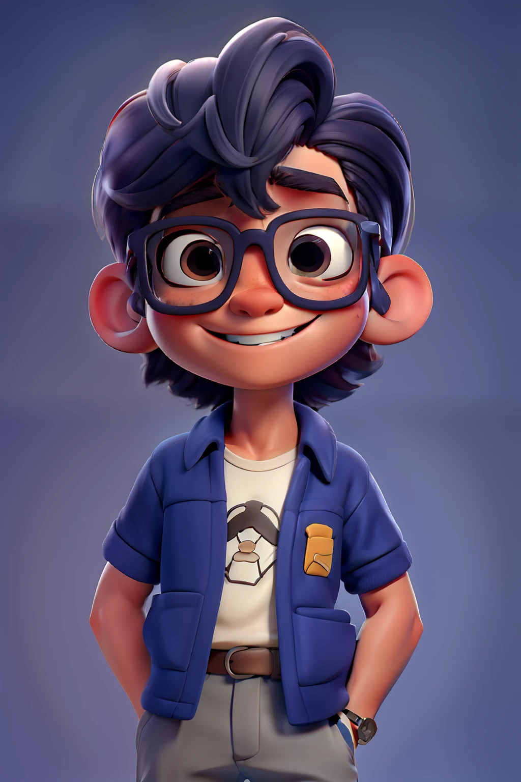 Menino encantador, cabelos castanhos, jogado pro lado, sorriso meigo, segurando um oculos