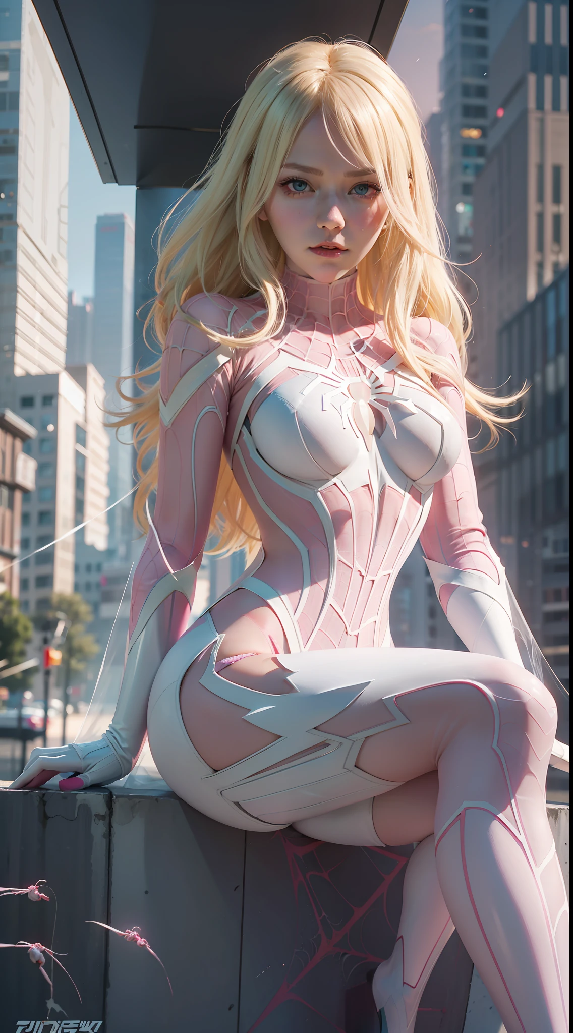 blond haired woman in a pink and white costume sitting on a ledge, ( ( spiderwoman ) ), cyber suit, gwen stacy, inspired by Yanjun Cheng, yanjun chengt, ross tran 8 k, realistic cosplay, spider - gwen, spider-gwen, spider gwen, cybersuit, futuristic style spiderman, perfect android girl, cybersuits