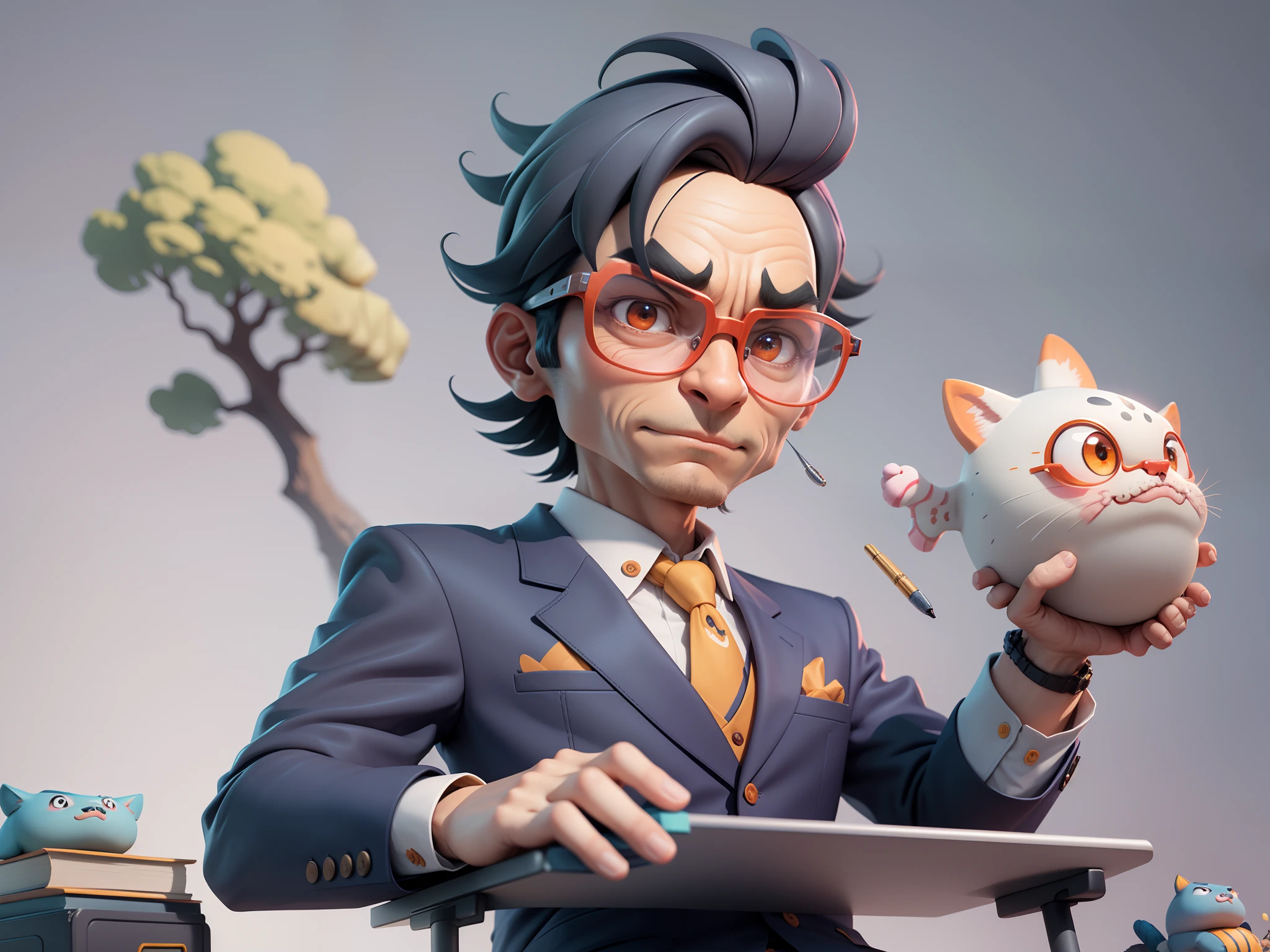 A young man in a suit, Short hair and glasses sat at his desk,holding laptop,digitial painting,tigre,3D character design by Mark Clairen and Pixar and Hayao Miyazaki and Akira Toriyama,4K HD illustration,Very detailed facial features and cartoon-style visuals。