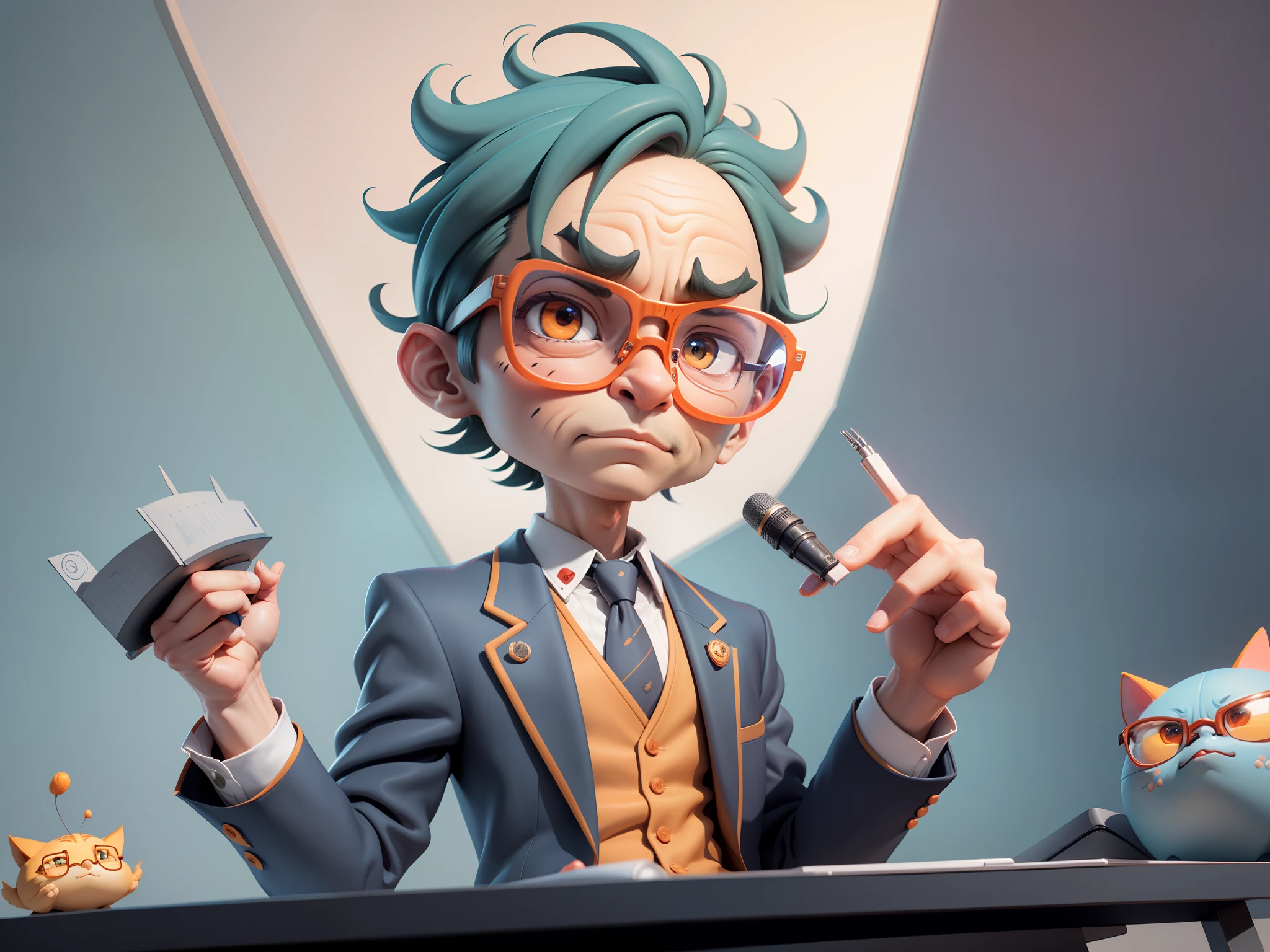 A young man in a suit, Short hair and glasses sat at his desk，holding laptop，digitial painting，tigre，3D character design by Mark Clairen and Pixar and Hayao Miyazaki and Akira Toriyama，4K HD illustration，Very detailed facial features and cartoon-style visuals。