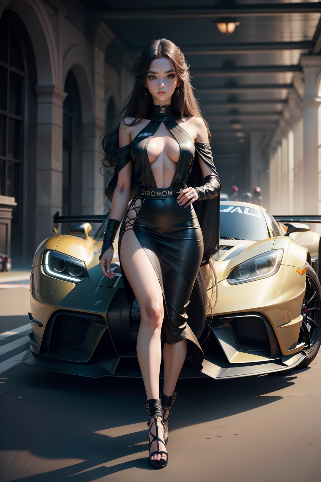 tmasterpiece,Best graphics,Racing model,teens girl,Beautuful Women,Delicatemakeup,Fashionable to wear,Long hair with a shawl,Exposed flesh,Stand next to Formula cars,movie picture quality,8K