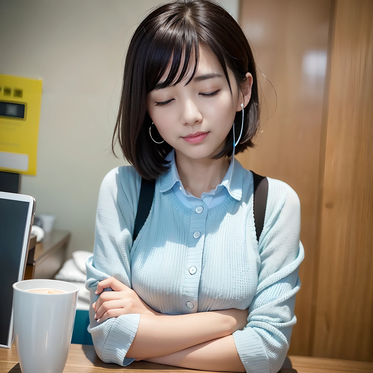 One cute girl in her 20s、A dark-haired、Short bob hair pulled up to the ears、shiny lips、Wearing a light blue vest with a white blouse、超A high resolution、(Photorealsitic:1.4)、Detailed skin、lighting like a movie、A girl in her 20s is wearing earphones、Arms crossed at office desk、Sleeping with your face on、eye closed、It's like having a pleasant dream、