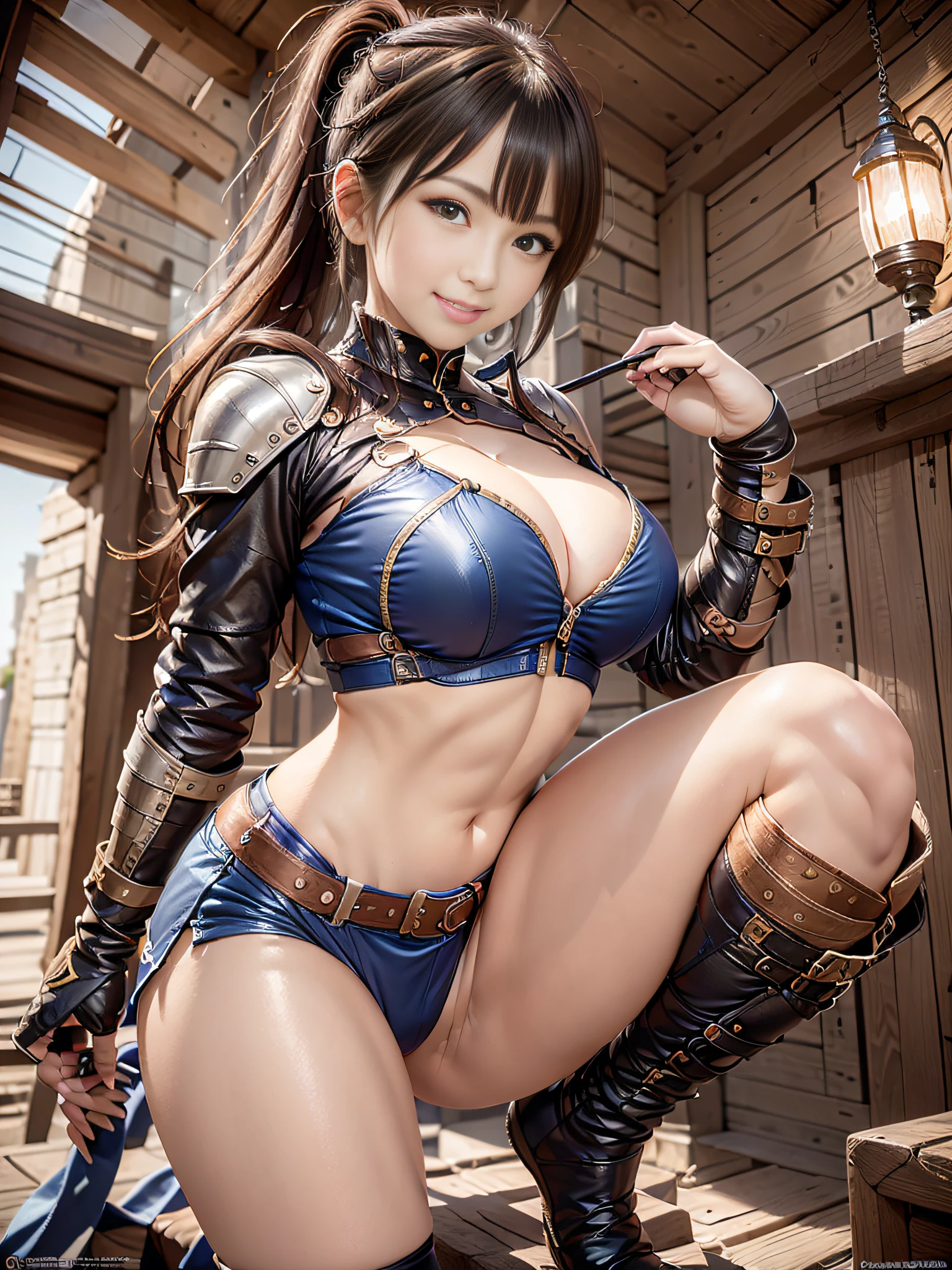 Outstanding masterpiece, (hightquality:1.32), (high-detail:1.4), (hight resolution: 1.3), (CG Unity 8k wallpapers:1.2), (detailed facial features:1.25), (Detailed pupil:1.36), precise and perfect human body structure,
hyper realistic photography, foco nítido, High dynamic range, Face Light, Dynamic lighting, Cinematic lighting, Professional Shadows, dslr camera、
((Ponytail: 1.47)), Brown hair, (Blue eyes: 1.28)), thick bangs, Large blue ribbon, Bewitching smile, Only one woman, cleavage of the breast, Large breasts, Attractive thighs, abdominals, Shiny skin, Beautiful legs,
((adventurer:1.4)), crouching down、raise arms、jaket、tight miniskirt、long boots、caves、Treasure hunt、Treasure Hunter