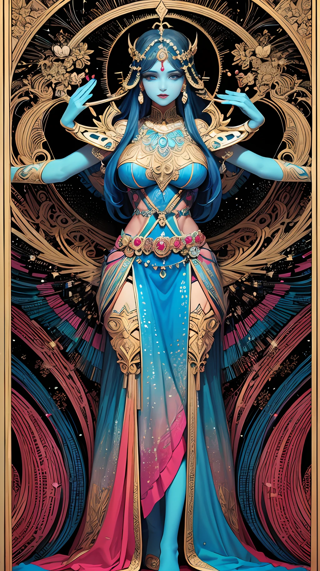 Nilu(the original god),(tmasterpiece,top Quority,best qualtiy,offcial art,Beauty and aesthetics:1.2),(1girll:1.3),The is very detailed,(s fractal art:1.2),Extremely colorful,Most detailed,(zentangle:1.2),(dynamicposes) , (abstract backgrounds:1.5), (traditionalcostumes:1.2), (shiny skins), (many color:1.4), full bodyesbian,large bust,see-through transparent clothes,Zen dance