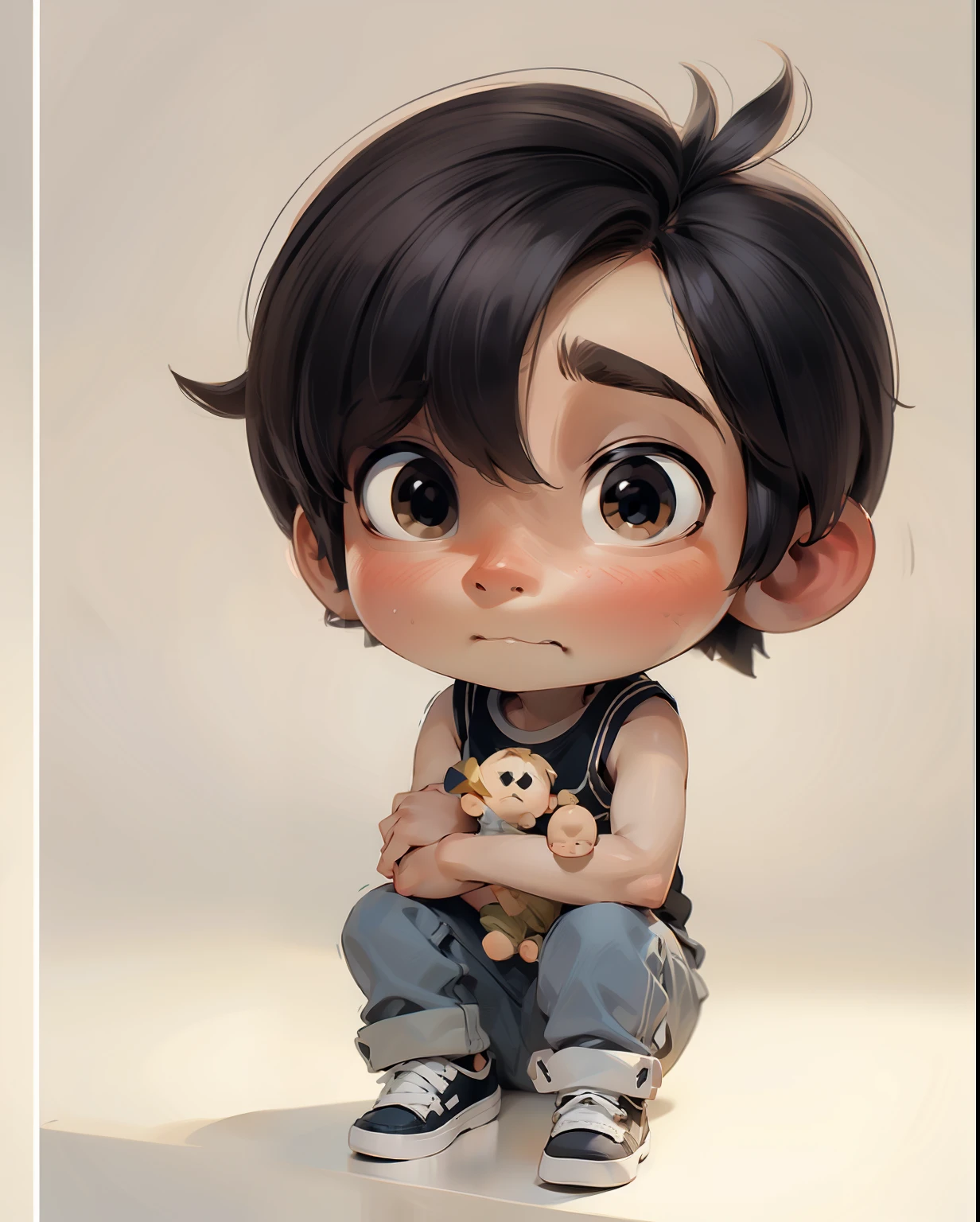 a  big head chibi proportion, sad and tired expression ,tank top,in the style of pop!,white background