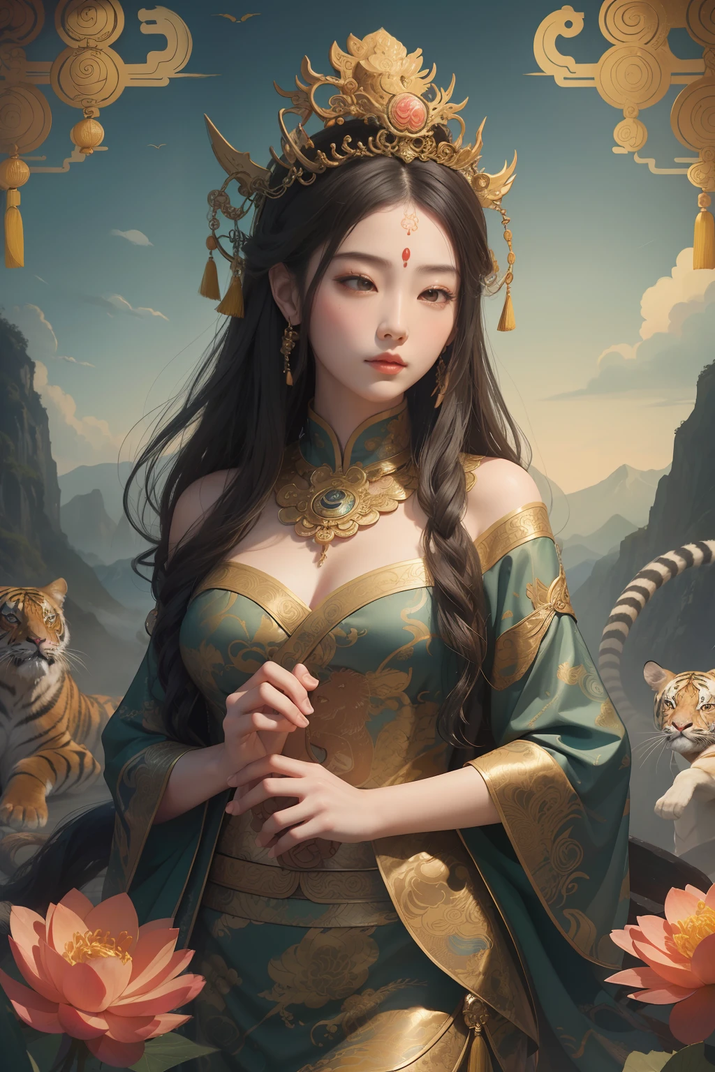 an ancient Chinese goddess, guanyin of the southern seas, Guanyin, Inspired by China, Avalokiteshvara rides a tiger,,Serene expression,shui mo hua,Buddha,Buddhist,Lotus,Chinese painting style,Thangka style