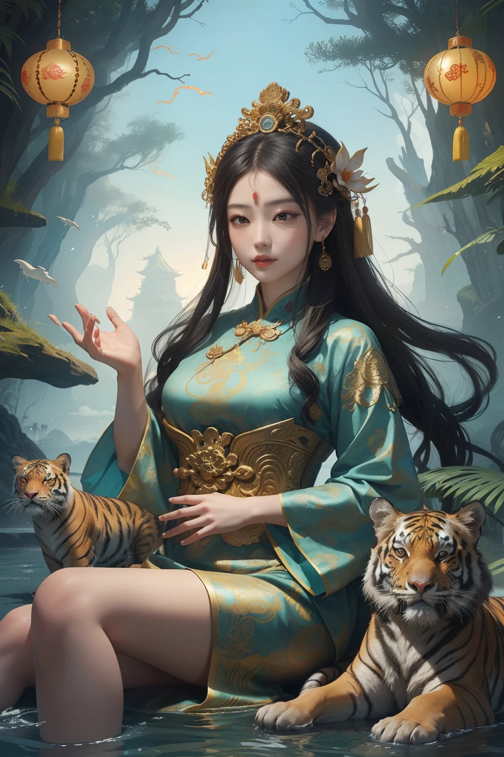an ancient Chinese goddess, guanyin of the southern seas, Guanyin, Inspired by China, Avalokiteshvara rides a tiger,,Serene expression,shui mo hua,Buddha,Buddhist,Lotus,Chinese painting style,Thangka style