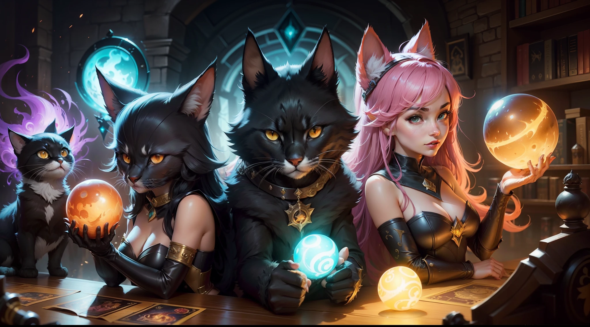 Illustration of a cat with a glowing orb on its paws, furry fantasy art, full art illustration, Arte completo, fantasy card game art, magic the gathering art style, Estilo de arte arcano, pintado en el estilo arcano, dnd arte fantaso, Splash Art oficial, Mago Zorro Oscuro, anthropomorphic cat ninja, league of legends art style, Arte de salpicaduras de personajes