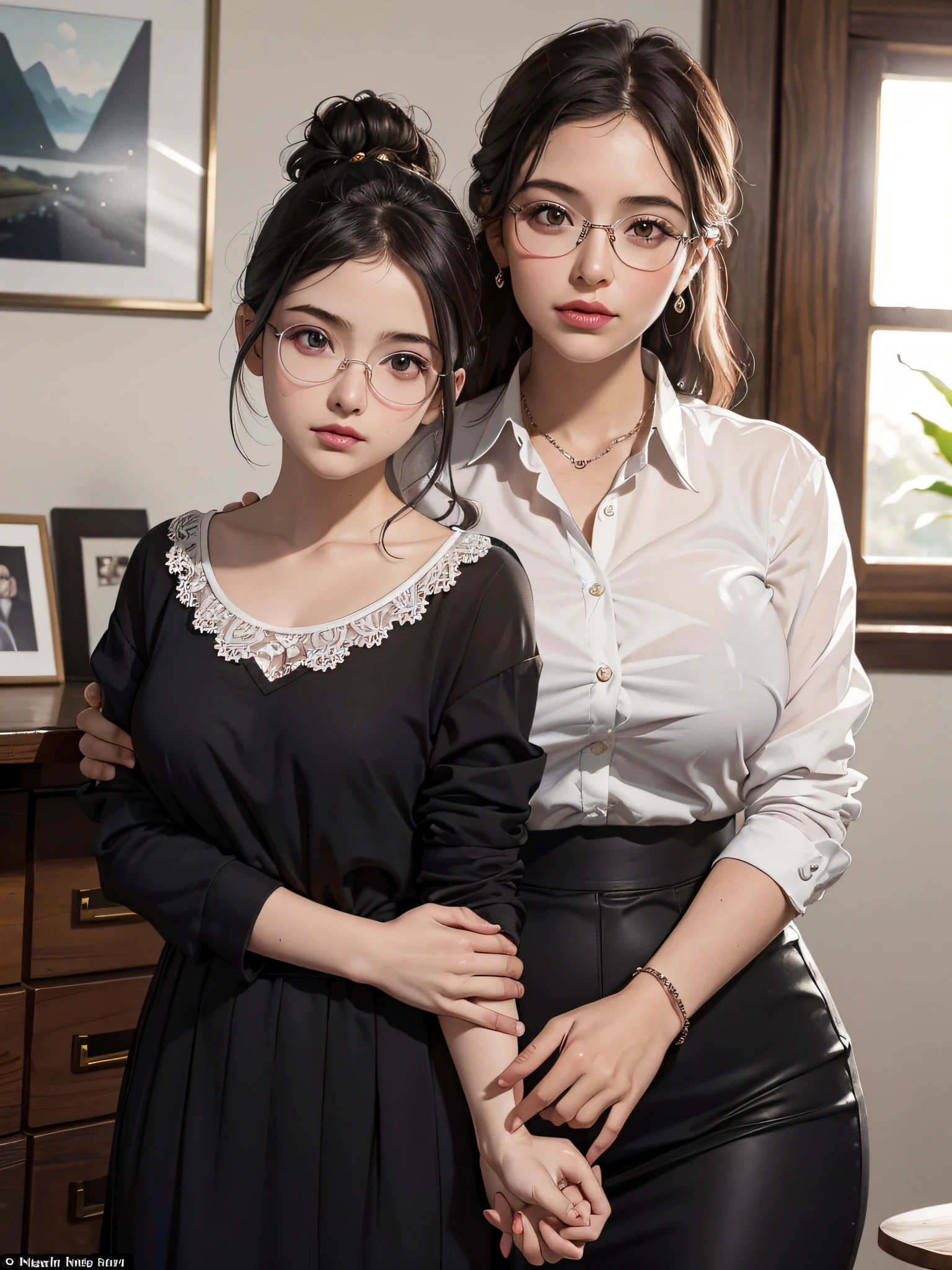 parte superior del cuerpo: 1.2 1girl, obra maestra, mejor calidad, ultra detallado, illustration, ojos finamente detallados y cara detallada) Ropa: mini falda color negro, camisa con gran escote, medias color blanco, anillo de bodas, Apariencia: Short black hair in a low, clean bun, maquillaje natural, (ojos morados: 1.05), gafas blancas, caderas anchas, senos masivos, besando un hombre adult , seductor, maternal, at_the_CEO_office, mirando al espectador, curvilíneo, voluptuoso, cuerpo completo, CEO lady, (mujer madura, milf: 1.1), little girl with young mother, (curvy: 1.1), culo grande, muslos gruesos, in a luxurious room, 8-year-old girl in her young mother's short school uniform, 8-year-old girl holding hands with her mother,