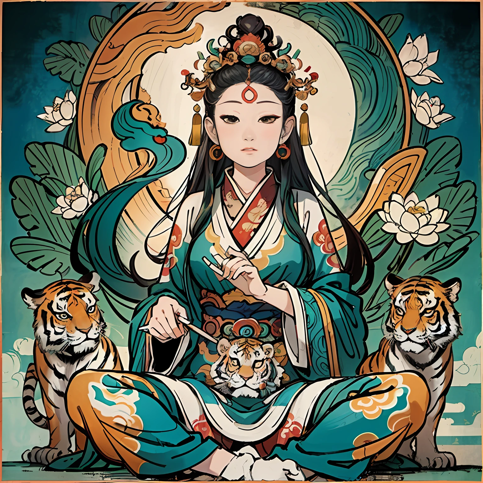 an ancient Chinese goddess, guanyin of the southern seas, Guanyin, Inspired by India, Avalokiteshvara rides a tiger,,Serene expression,shui mo hua,Buddha,Buddhist,Lotus,Chinese painting style,Thangka style