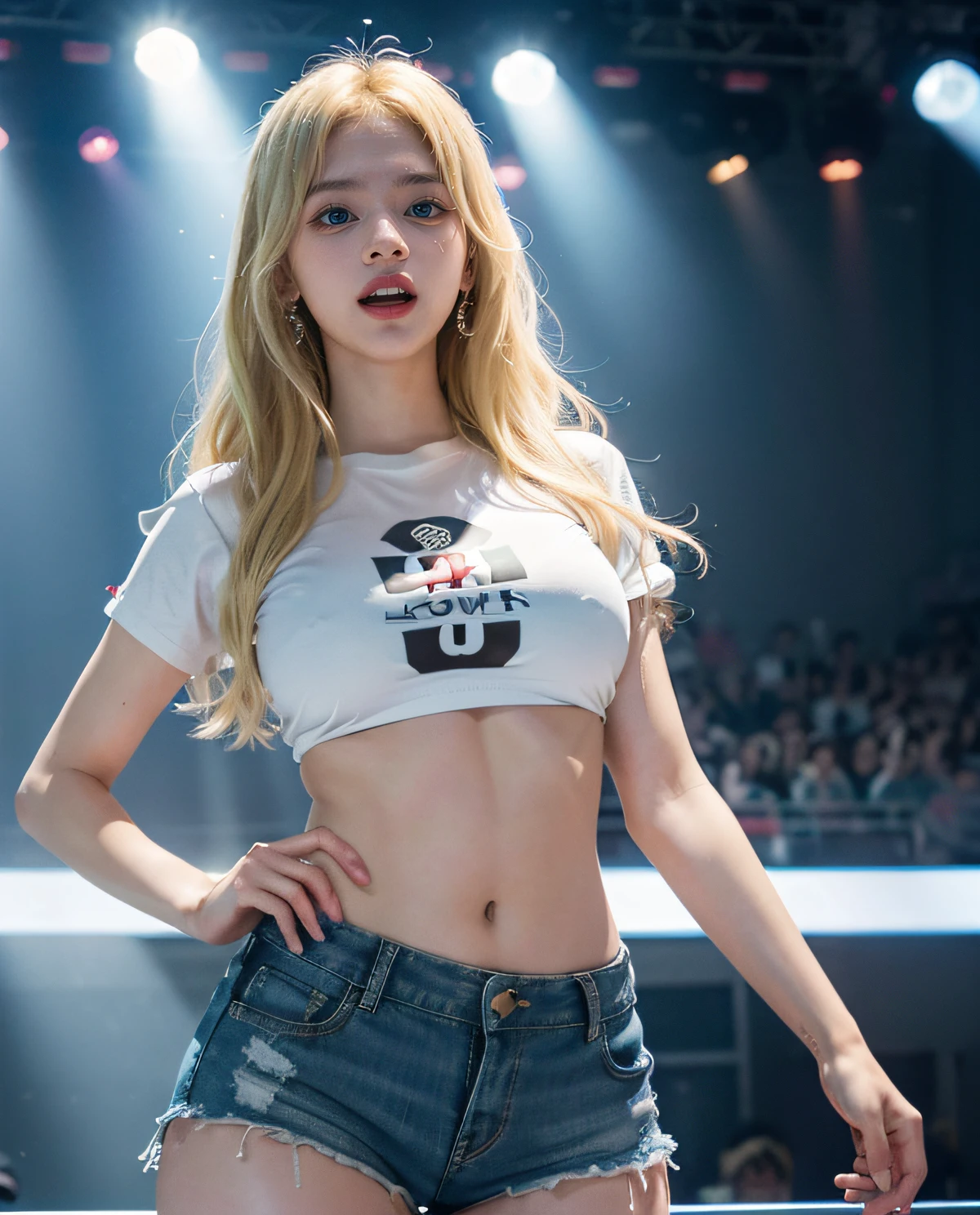 1girl, (Blue Eyes), laughing, ((Sana Minatozaki)), wide hips, Big Boobs, big ass, (Best Quality, 8k, Masterpiece: 1.3), Clear Focus: 1.2, Perfect Body Beauty : 1.4, Slender Abs: 1.2, Highly detailed face and skin texture, detailed eyes, double eyelids, (long blonde hair), (shirt and sequined shorts), k-pop, idol, (singing and dancing), (on a stage), at a concert