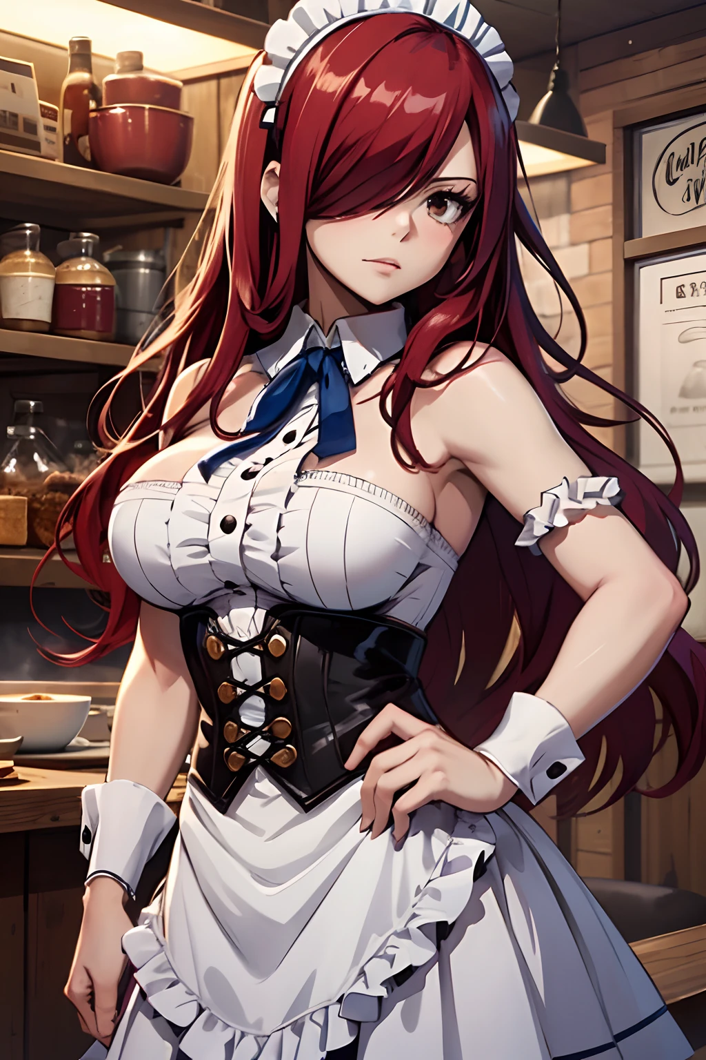 masterpiece, best quality, highres, fairy tail, 1girl, long hair, red hair, brown eyes, neck ribbon, bare shoulders, maid outfit , hair over one eye, cowboy shot, standing,indoors,cafe