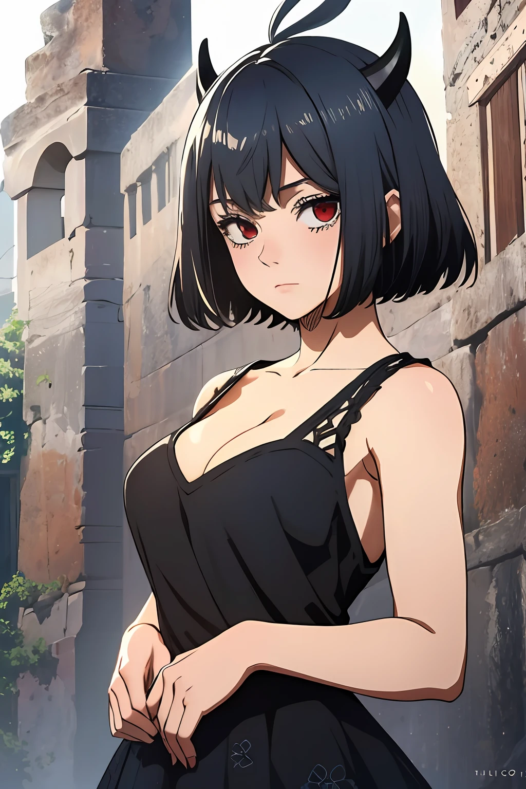 (masterpiece, best quality), intricate details, 1girl, solo, Nero, black hair, short hair, ahoge, red eyes, horns, outdoors, tank top dress, black dress, cleavage, expressionless, looking at viewer,