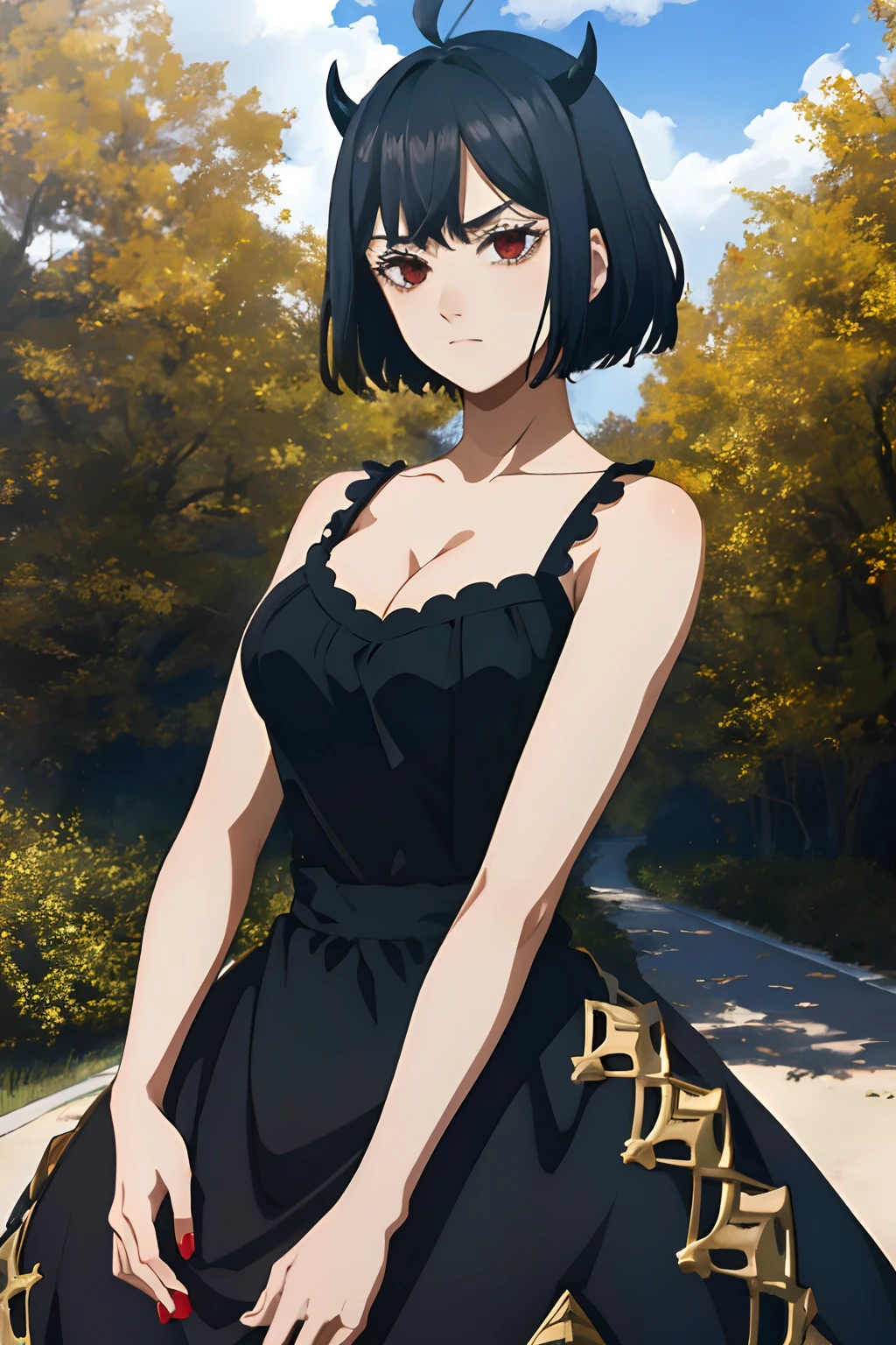 (masterpiece, best quality), intricate details, 1girl, solo, Nero, black hair, short hair, ahoge, red eyes, horns, outdoors, tank top dress, black dress, cleavage, expressionless, looking at viewer,