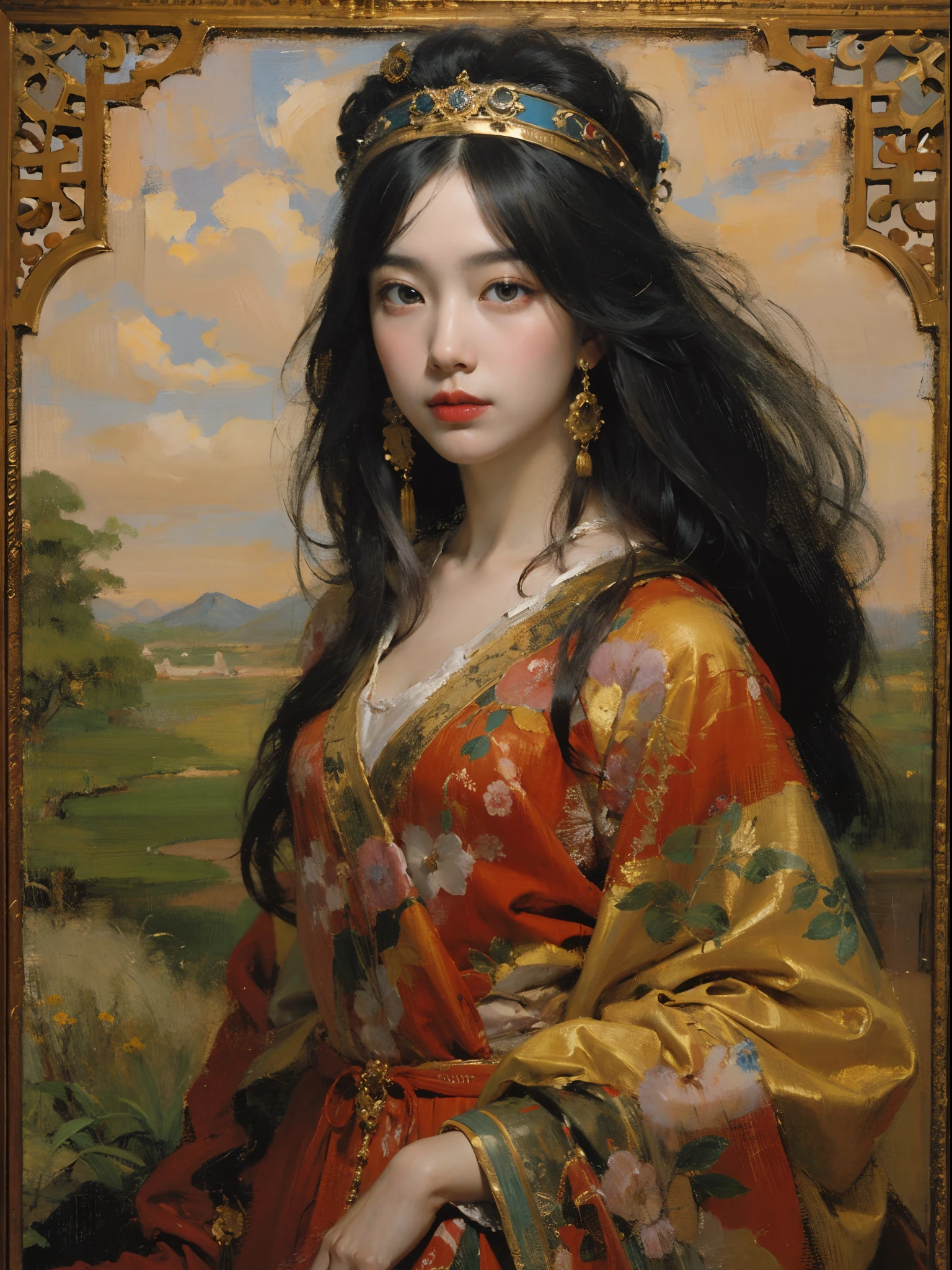 best qualtiy,tmasterpiece,(oil painted:1.5),A woman with long black hair,Exquisite facial features,head gear,Sit in front of a Chinese landscape painting,Red dress,(Amy Saul:0.248),(Stanley Ategg Liu:0.106),(a detailed painting:0.353),(Renaissance classical oil painting style:0.8)