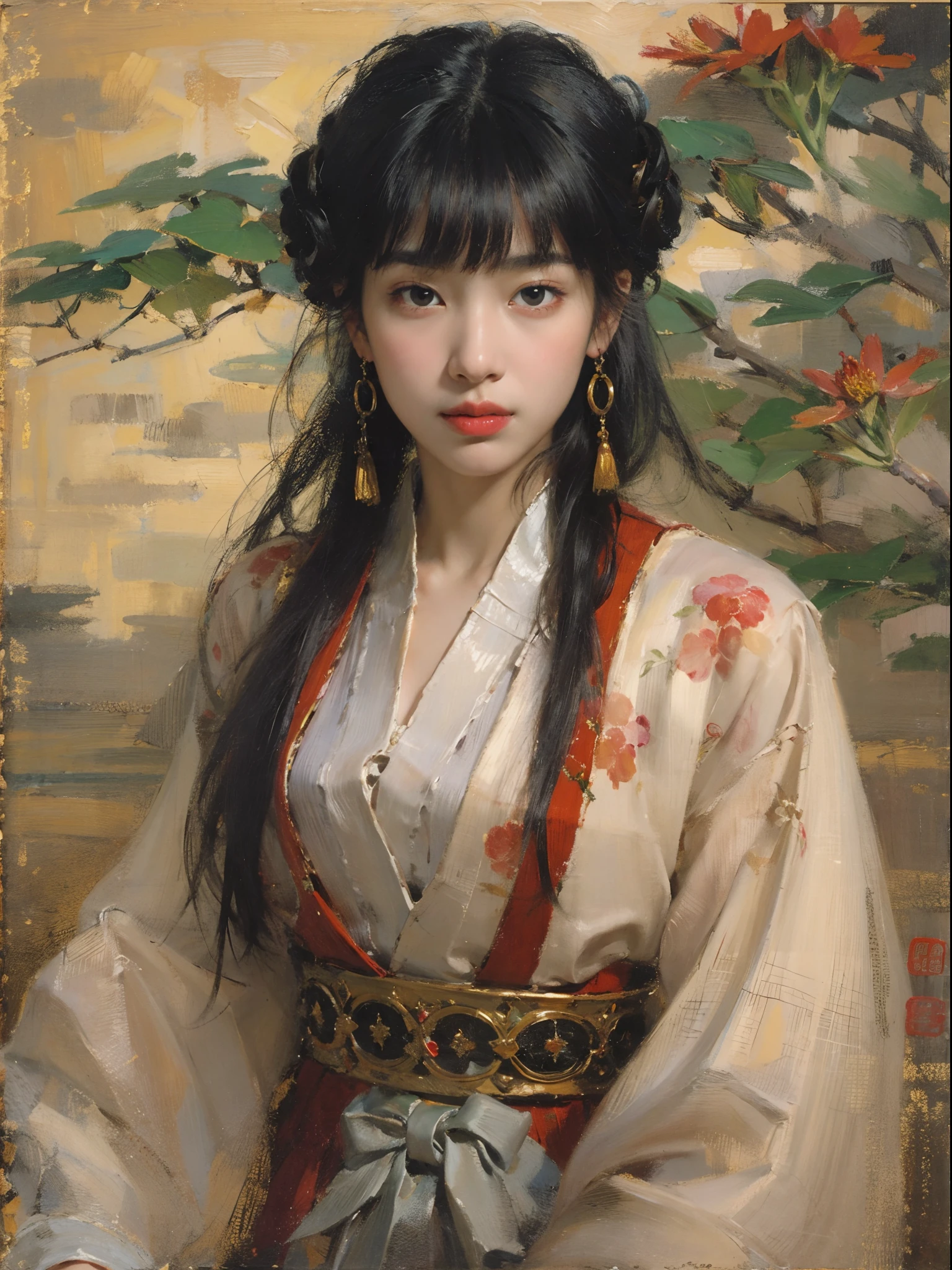 best qualtiy,tmasterpiece,(oil painted:1.5),A woman with long black hair,Exquisite facial features,head gear,Sit in front of a Chinese landscape painting,Red dress,(Amy Saul:0.248),(Stanley Ategg Liu:0.106),(a detailed painting:0.353),(Renaissance classical oil painting style:0.8)