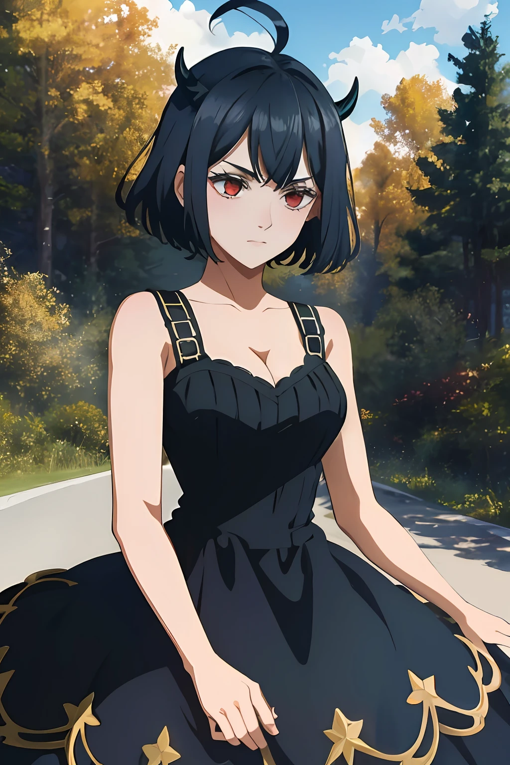 (masterpiece, best quality), intricate details, 1girl, solo, Nero, black hair, short hair, ahoge, red eyes, horns, outdoors, tank top dress, black dress, cleavage, expressionless, looking at viewer,