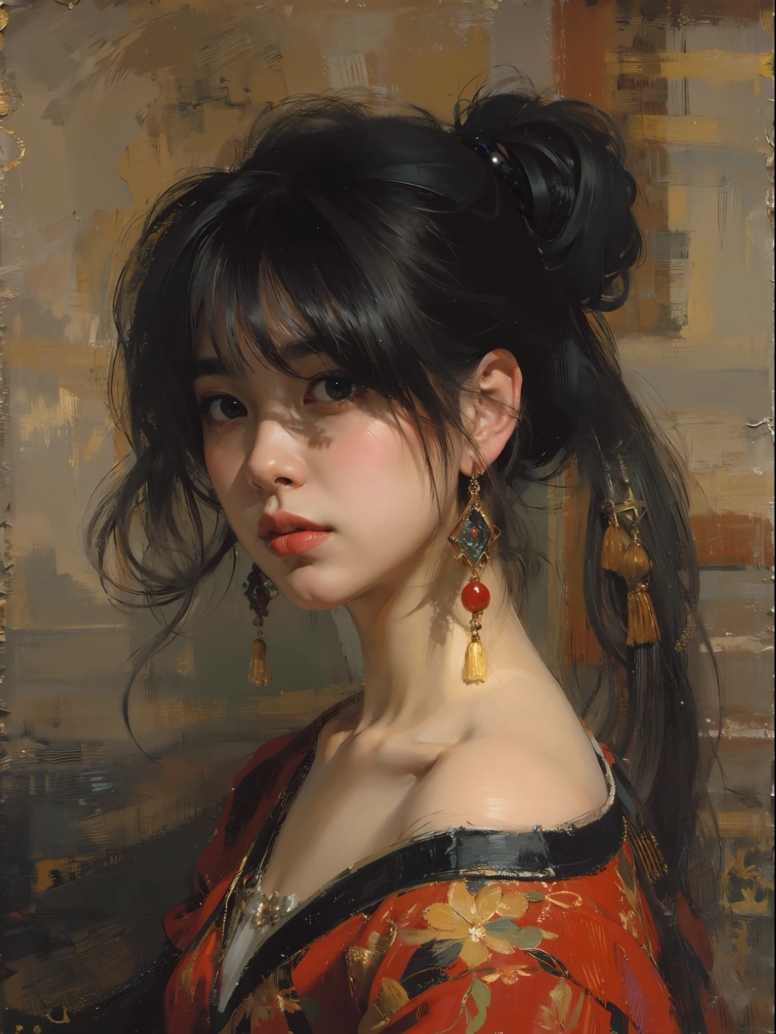 best qualtiy,tmasterpiece,(oil painted:1.5),A woman with long black hair,Exquisite facial features,head gear,Sit in front of a Chinese landscape painting,Red dress,(Amy Saul:0.248),(Stanley Ategg Liu:0.106),(a detailed painting:0.353),(Renaissance classical oil painting style:0.8)