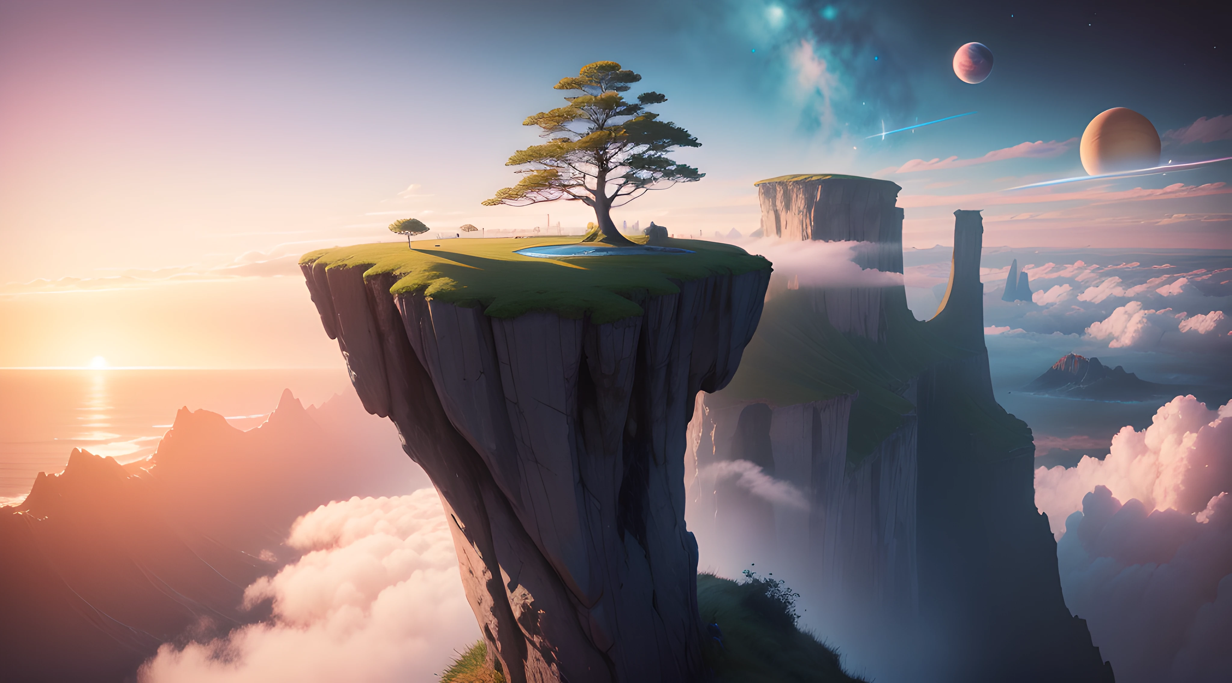 A single tree on the edge of a giant cliff above the clouds. Beautiful ocean with white crested waves. Visible planets. Pink. Blue. Sci-fi.