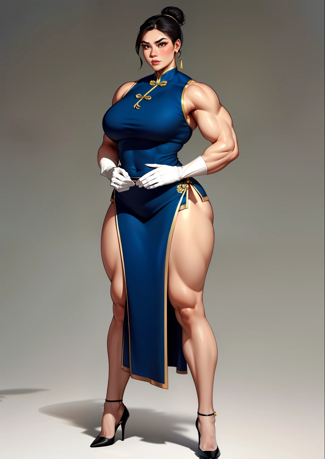 tmasterpiece,(Full body like:1.1),Burly woman,Exaggerated large muscles,Beautiful and charming Chinese woman face,hair-bun,on cheongsam,White gloves,stocklings,high-heels, 1female,Thin waist,Very broad shoulders,Huge latissimus dorsi, Oversized muscles,Strong and powerful arms,Stout arms,Thick and powerful leg muscles,long leges,