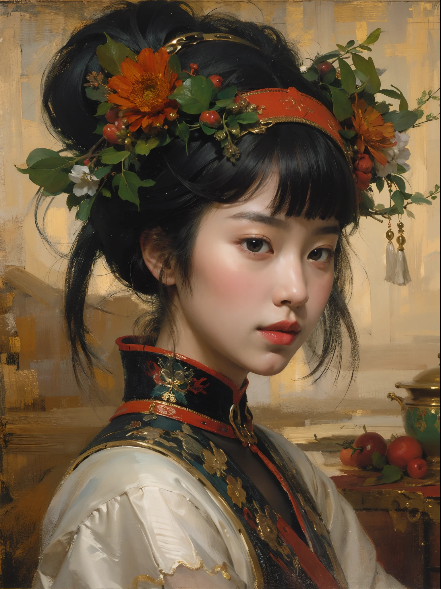 best qualtiy,tmasterpiece,(oil painted:1.5),A woman with long black hair,Exquisite facial features,head gear,Sit in front of a Chinese landscape painting,Red dress,(Amy Saul:0.248),(Stanley Ategg Liu:0.106),(a detailed painting:0.353),(Renaissance classical oil painting style:0.8)