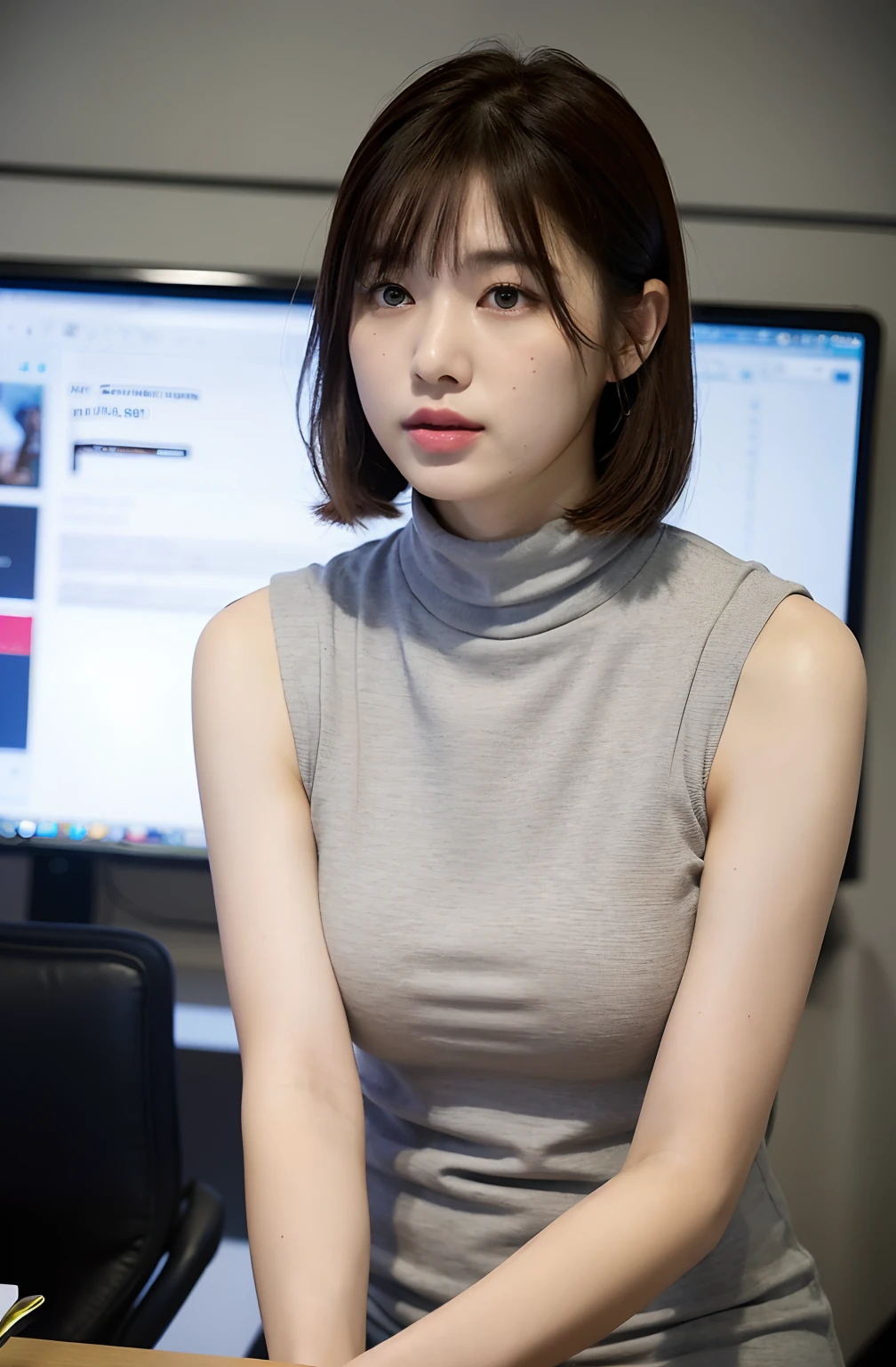 ((8K)、top-quality、masterpiece、超A high resolution:1.2)Photo Beautiful Japan woman(pleasing:1.1) Elegance、There is a good、Transparent atmosphere、Beautiful face、Gradient lighting、1girl in、Delicate skin、Look into the distance、Brown-eyed、(short hair with bangs:1.2)、(breasts are large:1.0)、(medium areola:0.8)、(realisitic:1.4)、(top-quality:1.0)、(超A high resolution:1.0)、8K、Raw photography、(masterpiece:0.2)、(pureerosface)、Contrast Trim Polo Neck Bodycon Dress、Onepiece、Polo shirt style dresses、Sleeveless、The shirt、Tight silhouette、want me、Take your eyes off、s Office、There are many computers lined up、Lots of desks、Large office、erect through、total darkness、subject、Lean、Hang your employee ID card from your neck、Having a file、deep in the night、Ass big、Kinda chubby、Bangs shed to the side、organize your hairstyle well、Put your ears out、Elbows on the desk、Sit up、cross one's legs、sit a chair、Elbow on one elbow、Leaning on the desk、