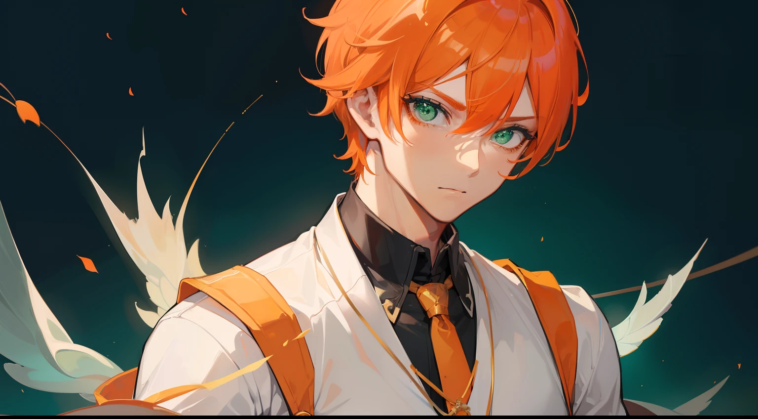 ((((One guy)))),a cool,(((Guy))), (((man))), (((Man's))),(((masutepiece))), (((Beautiful lighting))),(((muscular))),(((man))),),(((Green eyes))),(((Orange hair))), Male face,male eyebrows, Male Eyes, Eyelashes, Medium Hair,Beautiful face, v shaped_eyebrow,White skin,Transparent wings,Chinese_Clothes,(((Black clothes,)))garters_lanyard, See-through,The light of the Buddha shines, holy,