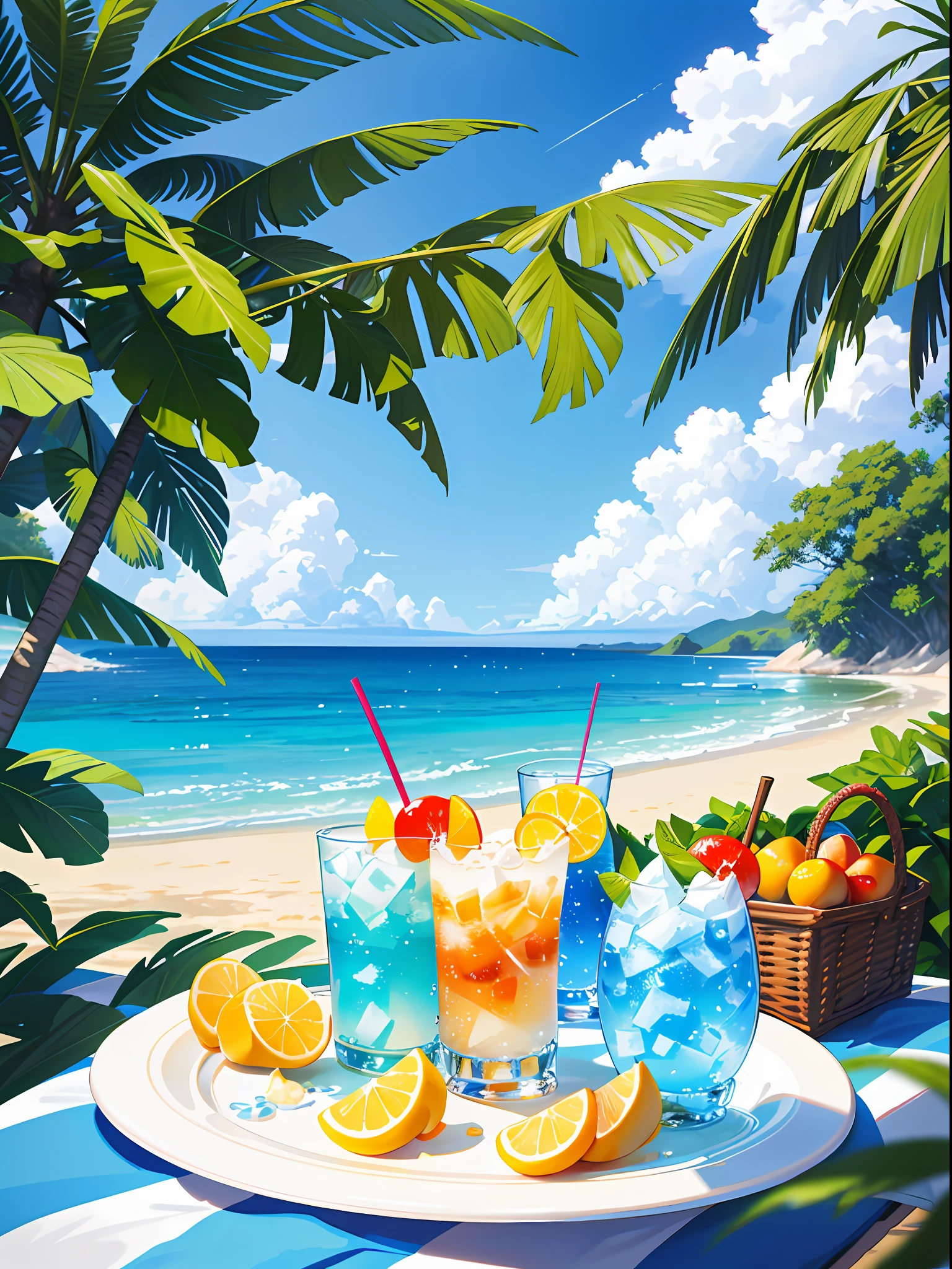 Using the right hand, macro photography depicts picnic scenes themed around a tropical beach holiday in summer. The protagonist of this photo is a cool glass filled with iced carbonated drinks. The lens focuses on glasses, fruit, dazzling midday sun, fisheye lenses, distant views, a hearty meal, (splashed liquid: 1.6), ice, (picnic scene: 0.5) (cute dessert: 0.4), dripping. It's filled with carbonated drinks, translucent liquid, daytime outdoor lights (beach 1.5), tropical plants, hot weather, HD detail, wet watermark, hyperdetail, cinematic, surrealism, soft light, deep field focus bokeh, ray tracing, diffuse (ultra-fine glass reflection), and surrealism.
