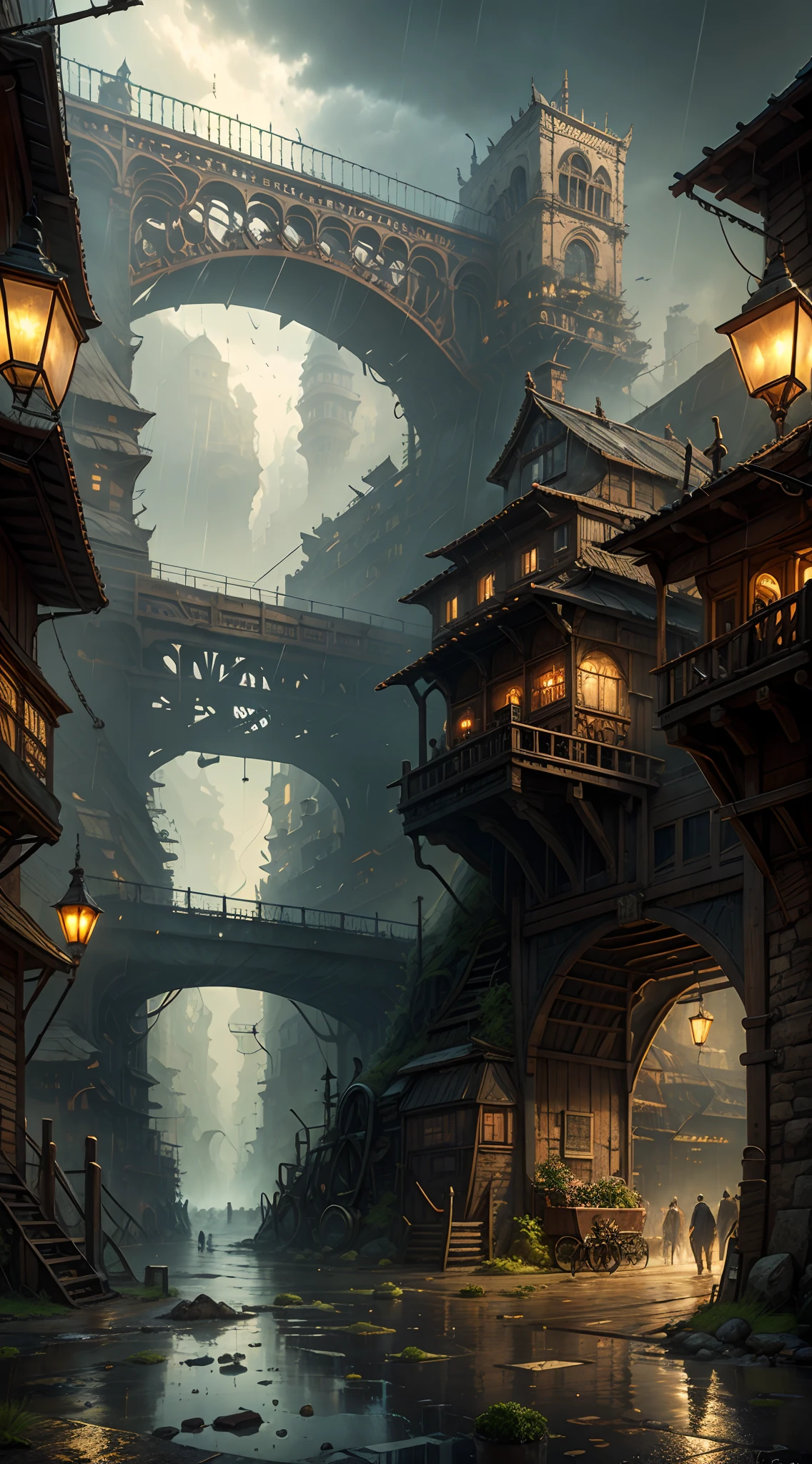 Industrial age city, deep valley in the middle, building streets, bazaars, bridges, rainy days, steampunk, European architecture
