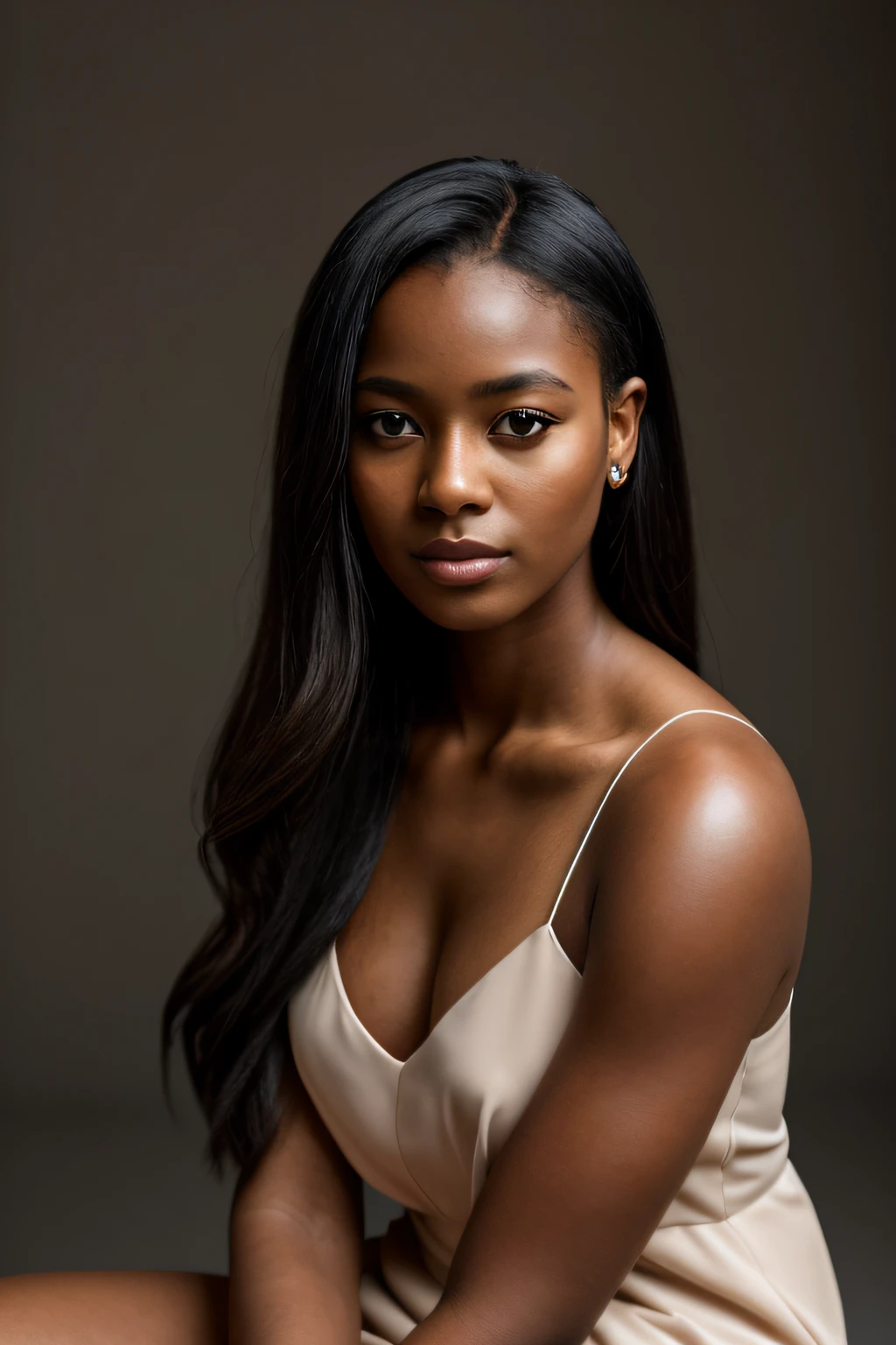 arafed woman with a tan dress and a black hair, photo of a black woman, young black woman, black young woman, looking at camera, photo studio, portrait soft light, portrait of a beautiful model, portrait soft light, soft portrait shot 8 k, dark skin, long hair, photo of a beautiful woman, dark skinned, brown skinned, beautiful portrait lighting, portrait soft low light