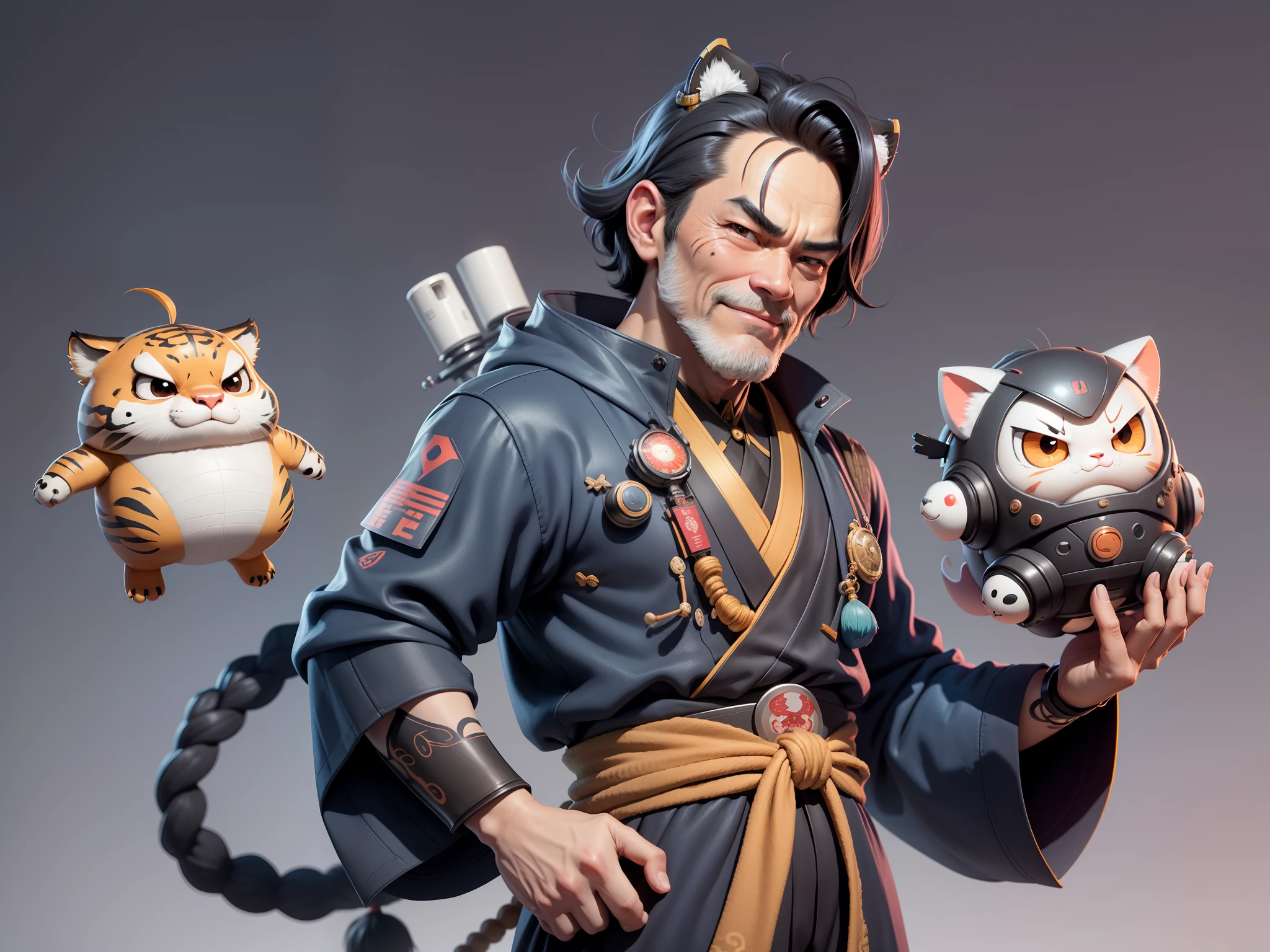 (Daisaku),(Need),(Super meticulous),(full bodyesbian:1.2),Super young man with Japanese geisha,Beautiful,orient,one tiger,Aeolian Thor,Raised sexy,爆乳,Oriental face,TV Anchor,Bust portrait illustration,In black suit,a blue tie,The face is slightly chubby,The face was clean,without a beard,Black super short hair,Black eyes,Smile confidently,3C computer sub-products,iPad, iphone,Digital painting,3D character design by Mark Clairen and Pixar and Hayao Miyazaki and Akira Toriyama,The illustration is a high-definition illustration in 4K resolution,With very detailed facial features and cartoon-style visuals。