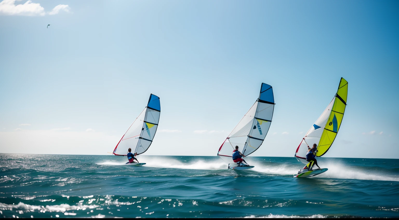 Several windsurfers train at sea,