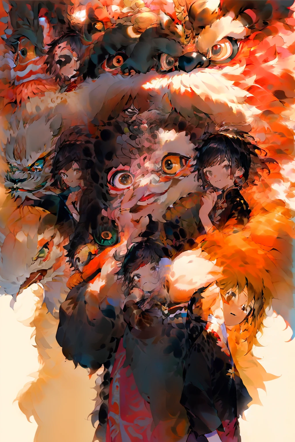 tmasterpiece，best qualtiy，illustratio，（（lion_dance））， （messy  hair），Libido boy，short detailed hair，black color hair，Black eyes，The upper part of the body，ssmile
