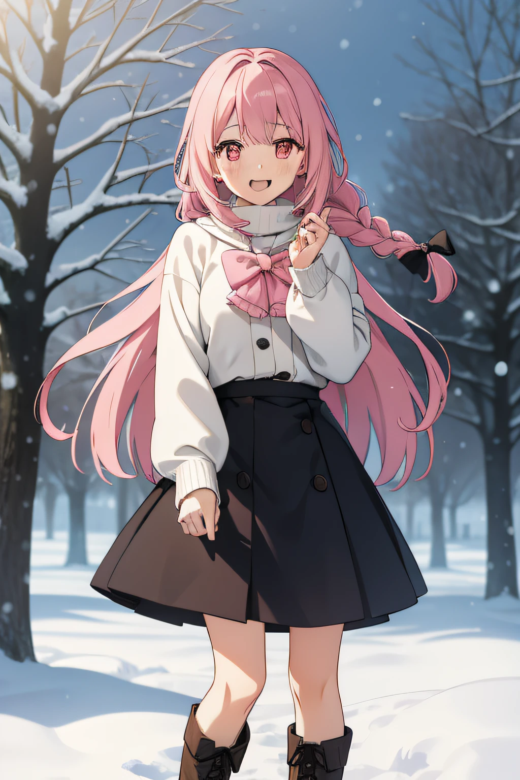 (Realistic painting style:0.9), masterpiece, best quality, 1girl, white sweater, black skirt, red Muffler, pink hair, long hair, bangs, pink eyes, long sleeves, smile, looking at viewer, outdoors, brooch, open mouth, :d, blush, frilled sleeves, bow, hand up, puffy long sleeves, very long hair, frilled skirt, tree, contemporary, day, floating hair, braid, light, winter background, snowing, winter, boots, winter boots