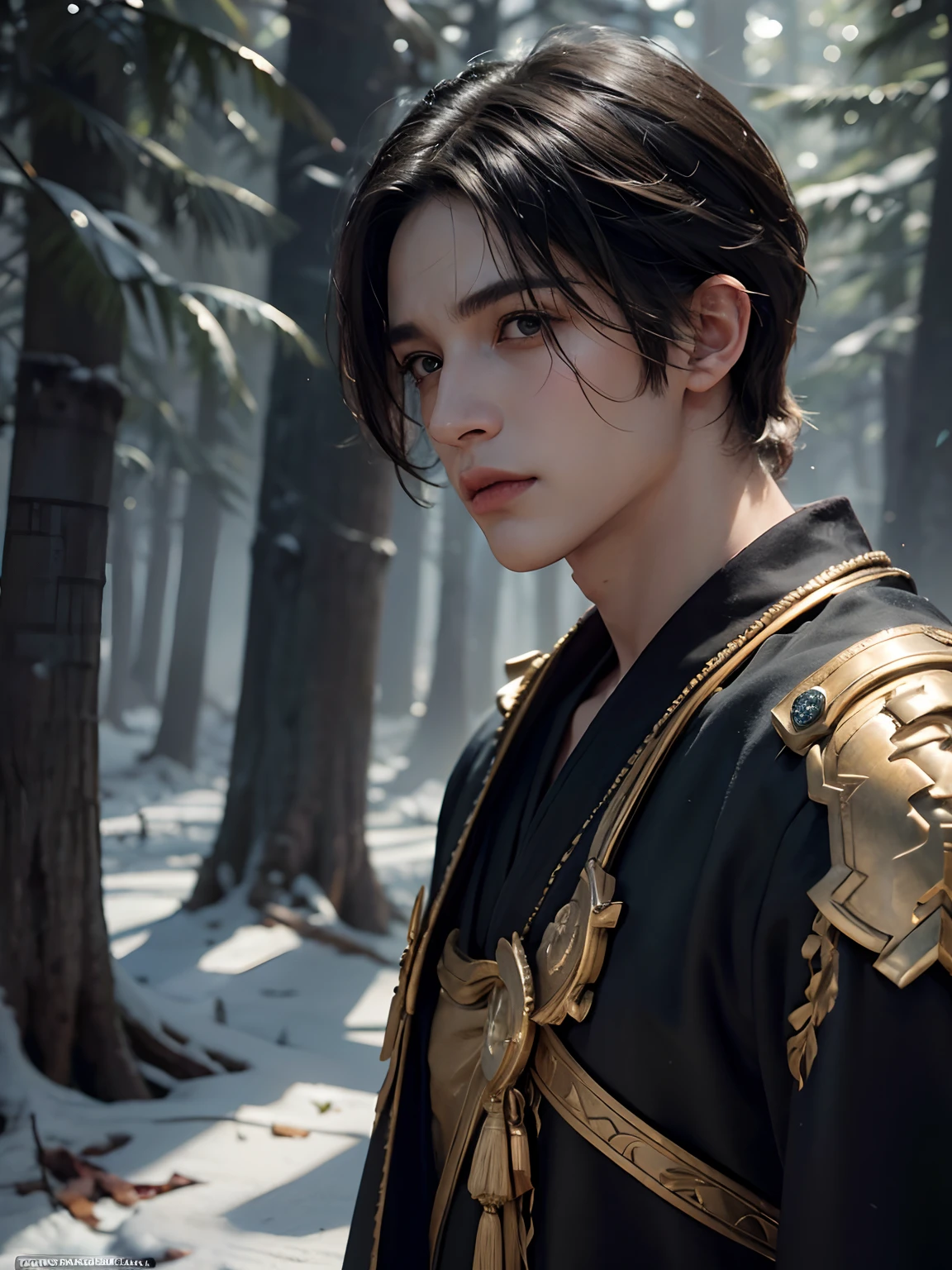 1man, Azrael, Death, 1deity, solo focus, adult, pale and young adult face, short black hair, black silk robe with golden lining, serenity, frost forest, realistic, dynamic pose realistic, detailed and correct facial structure, blades ornaments, LEON S. KENNEDY, handsome, attractive, slightly muscular, cinematic lighting, unreal engine, trending on ArtStation, intricate details,  masterpiece, best quality, by Irakli Nadar, Greg Rutkowski，(((best quality))),(((ultra detailed))),(((masterpiece)))