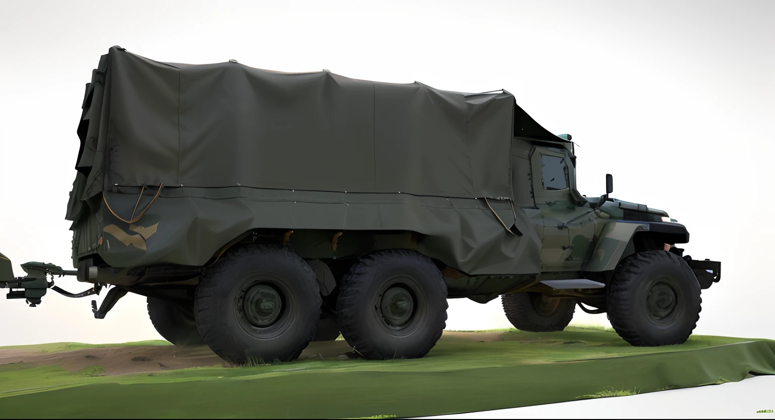 Behind there is a military truck with a tarpaulin, highly detailed model, Military vehicles, extremly high detail, the sideview. Highly detailed, highly detailed render, replica model, pbr render, military carrier rig, hyper-high detail, Highly realistic bump maps, high-detailed rendering, high resolution and detail, top - side view