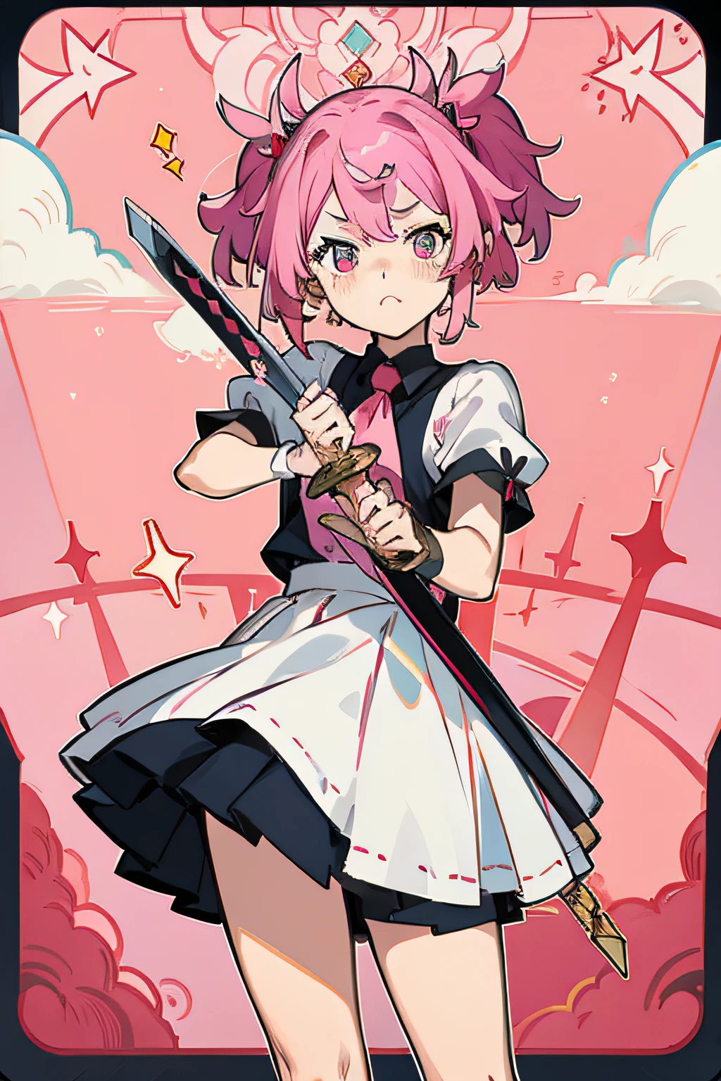 Little with pink hair,Looks very tsundere,Double-edged sword in hand