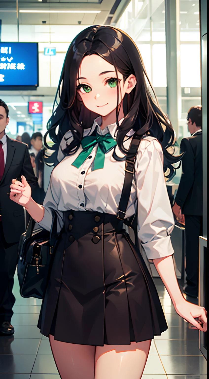 ((Best Quality)), (Ultra-detailed), ((Extremely detailed)), (Beautiful), ((Kawaii Girl)),Medium Hair,Forehead,Dark blue hair,(Wavy Hair),Green eyes,smock blouse,Mini skirt,regular breasts,Smile,Airport lobby,One Woman