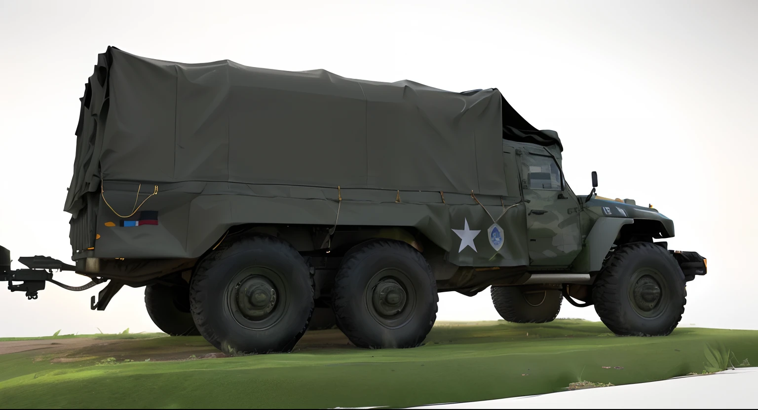 Behind there is a military truck with a tarpaulin, highly detailed model, Military vehicles, extremly high detail, the sideview. Highly detailed, highly detailed render, replica model, pbr render, military carrier rig, hyper-high detail, Highly realistic bump maps, high-detailed rendering, high resolution and detail, top - side view