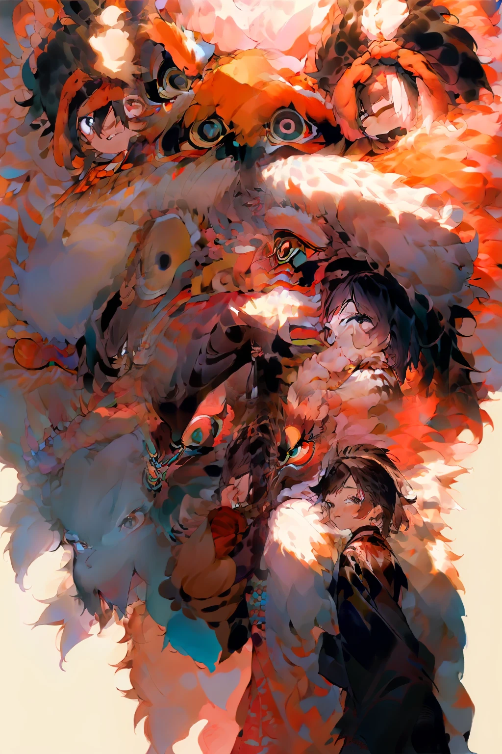 tmasterpiece,best qualtiy,illustratio,((lion_dance)), (messy hair),Libido boy,short detailed hair,black color hair,Black eyes,The upper part of the body,ssmile