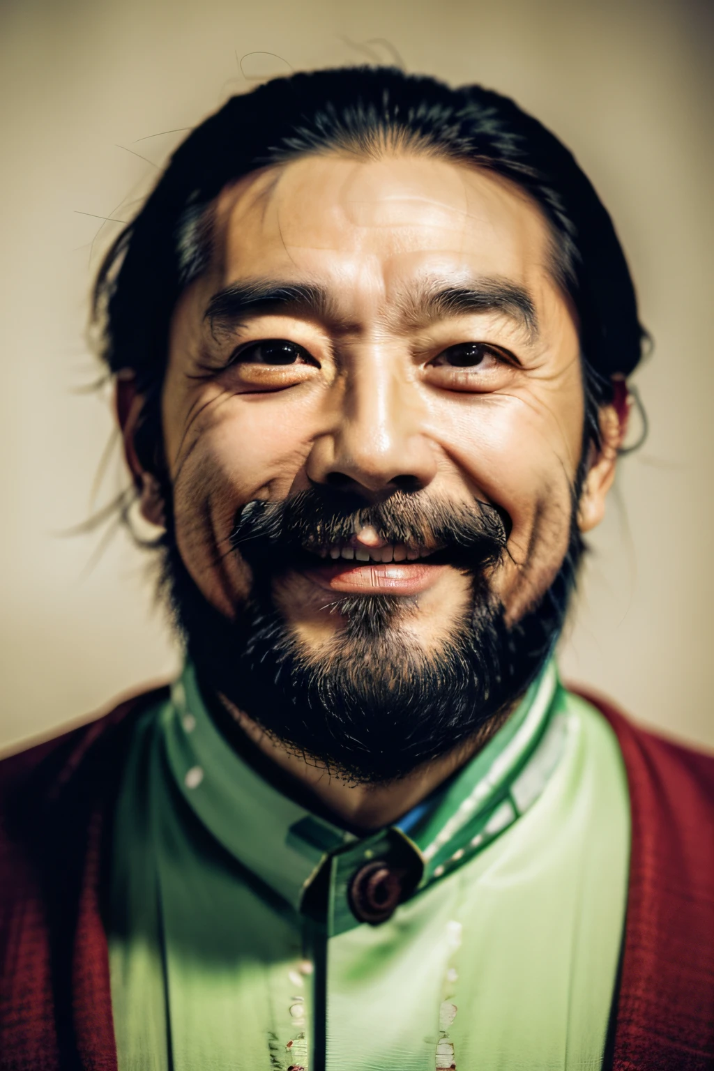 70 year old Japanese man with a lot of mustache and beard, one tooth missing, hair balding towards the top of his head, eyes distant and unfocused, smiling like a psychopath, ugly face