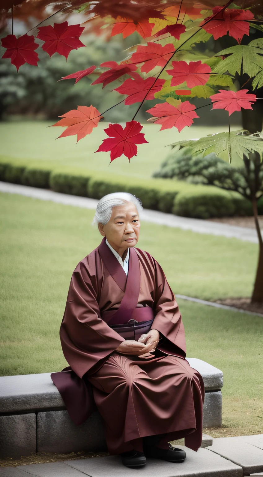 An old woman sits under a tree，He held a red maple leaf in his hand, Be kind，sagacious，goodness，Missing loved ones，(((((Red maple leaf)))))）,Sharp focus，hiroya oku painterly, author：Cheng Zhengkui, inspired by Kōshirō Onchi, Old woman, Japanese woman, inspired by Itō Jakuchū, bo xun ling, author：Shen Shichong, inspired by Tani Bunchō