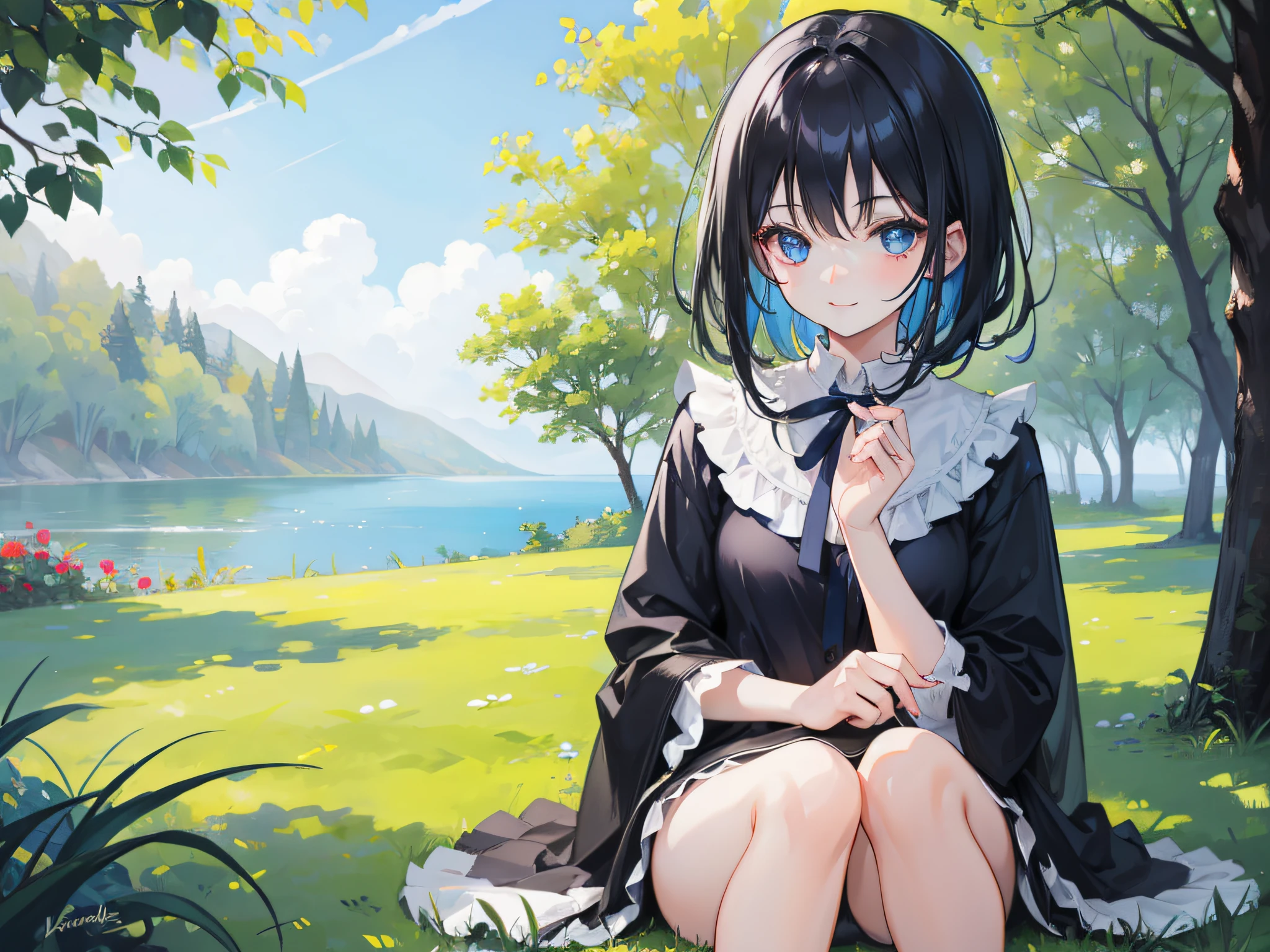 ((1man))A girl with black hair. Blue eyes, sweet smile, sitting on the lawn.
